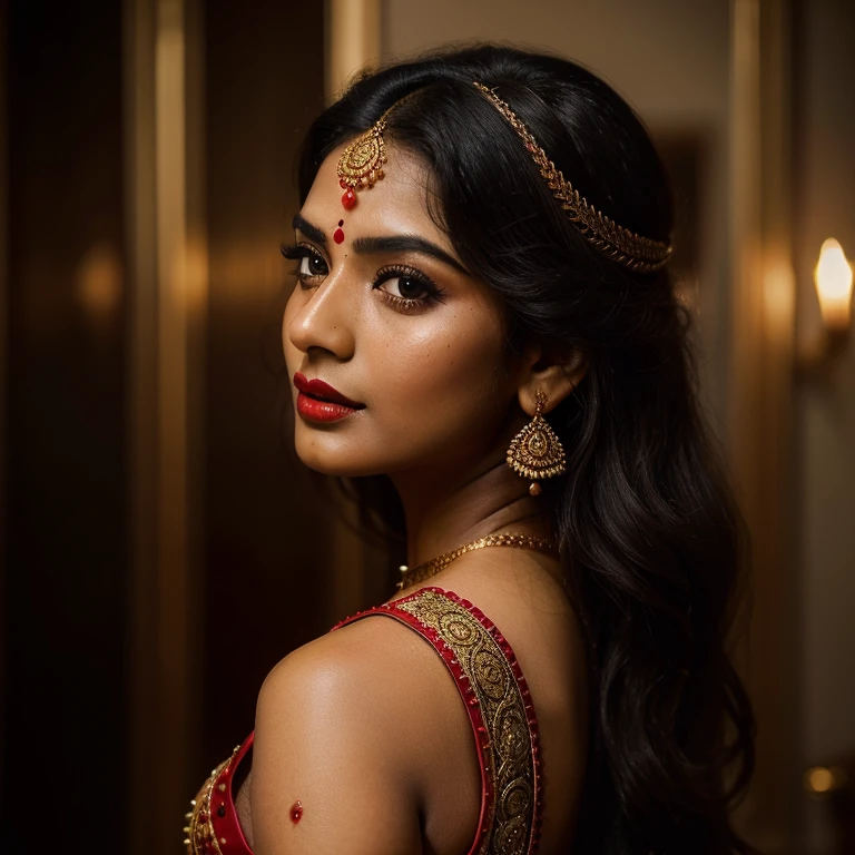 (Best quality, Ultra-detailed, Golden ratio, Masterpiece: 1.1), Captivating portrait of a 21-year-old Indian girl, Hourglass figure, Red and black shimmering traditional saree, Backless blouse revealing perfect back, Seductive pose, Close-up shot, (Intricate details: 1.3), high contrast lighting, Radiant skin, (Perfectly defined features: 1.2), Long, wavy, black hair, Red lipstick and bindi accentuating her features, Bollywood-inspired style, Elegant hand accessories, (Deep depth of field: 0.8), (Black