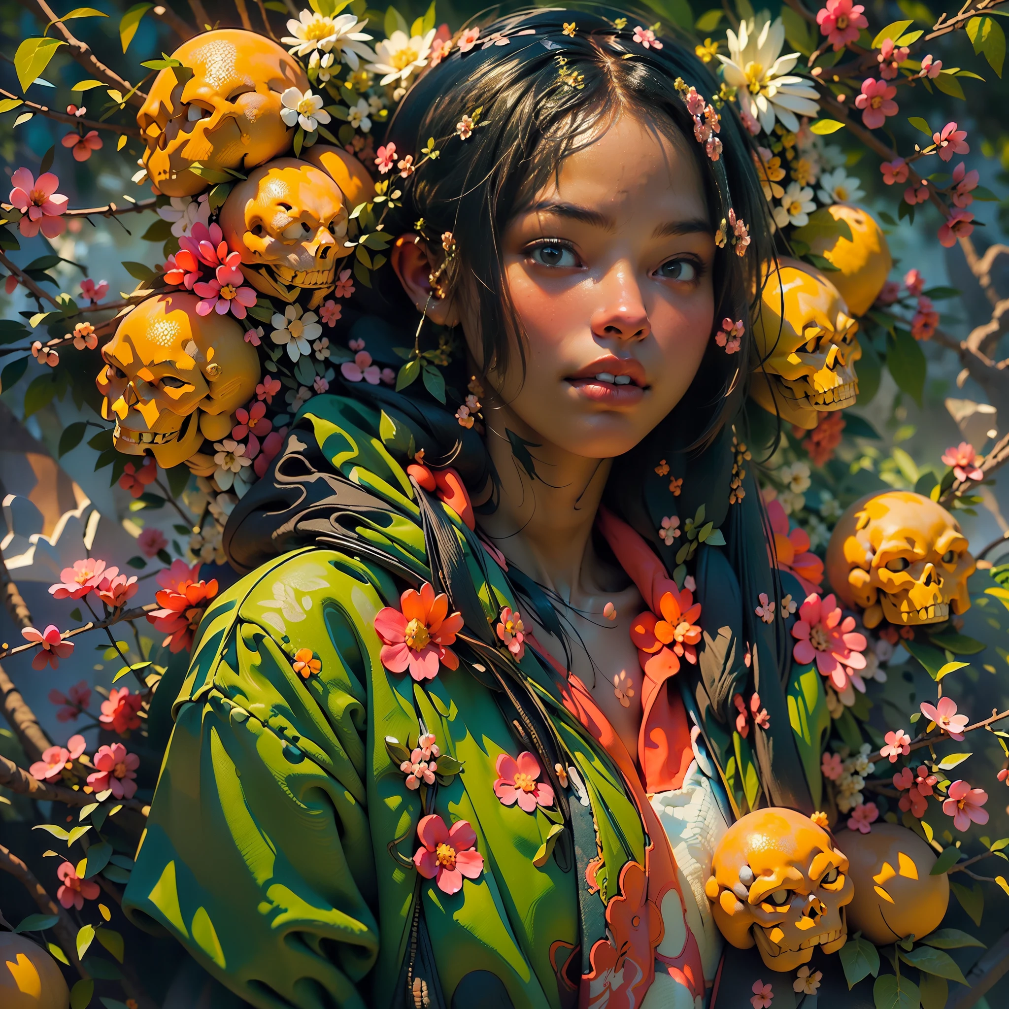 ((1 open face girl),(full height, very cute)).((pretty young black girl, black hair), (green:1.5, orange:1.1, white:1.3, yellow: 1,3), (very sexy girl rapper with dreadlocks), (tattoos), (naked parts of the body), (down jacket: 1,2), (Jacket on the naked body, thong, short T-shirt)). ((skulls, flowers, fruits),(fractal, Cherry blossoms, green leaves, Fog, circles background)).((Ideal, beautiful), (picturesque background, wide strokes, attention to detail of a girl’s face, figure, flowers) ). ((background complex insanely detailed octane render trending on artstation), (8k fine art photography, photorealistic concept art), (soft natural volumetric cinematic perfect light, chiaroscuro, award winning photography), (masterpiece)).