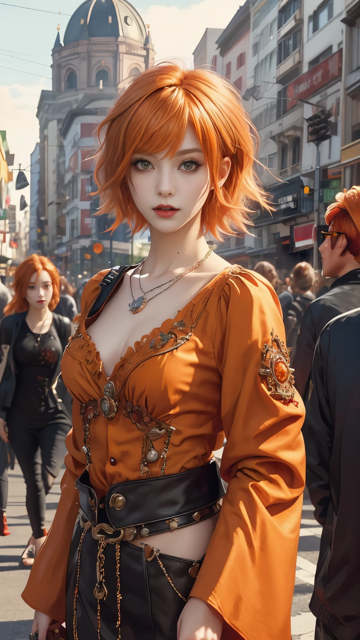 ​masterpiece, top-quality, ((1womanl)), different orange color, finely eye and detailed face, intricate detailes, Casual black and orange attire, window, A smile, Happiness, tenderness, high-level image quality、selfee, Beautuful Women、tall、a small face, D-cups, The upper part of the body、nightfall, nighttime scene、𝓡𝓸𝓶𝓪𝓷𝓽𝓲𝓬、Korea person, Idol Photos, Model photo, k pop, Professional Photos, Vampires, Korean fashion in black and orange, Fedoman with necklace, inspired by Sim Sa-jeong, androgynous vampire, :9 detailed face: 8, extra detailed face, detailed punk hair, ((eyes are deialed)) baggy eyes, Seductive. Highly detailed, semi realistic anime, Vampires, hyperrealistic , Delicate androgynous princess, imvu, ((short hair woman)), orange hair woman with wild look, ((Woman with short orange hair)), ((1 persons)),