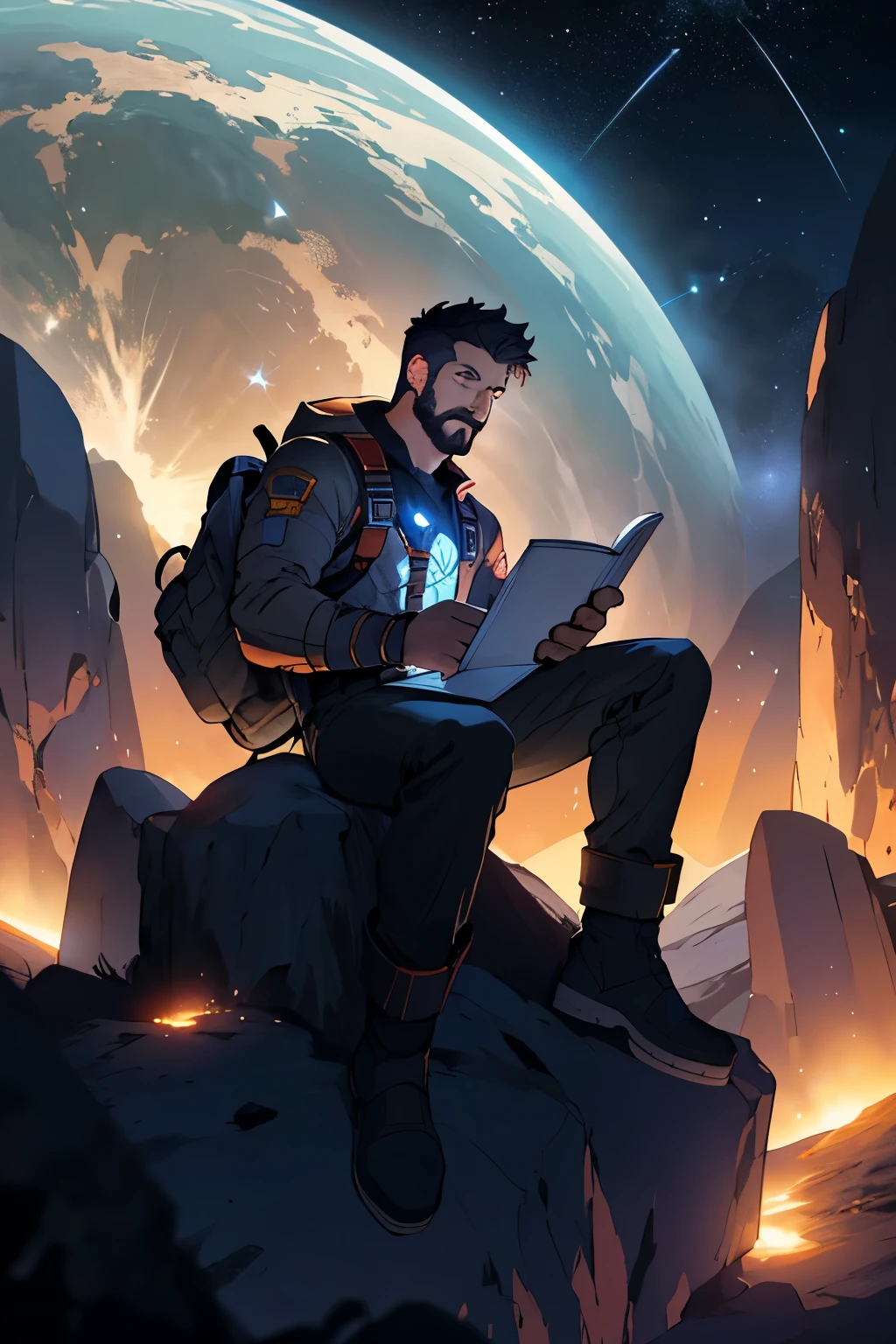 Drawing a young programmer, sitting on the research platform, floating in the middle of the asteroid belt. He studies with a notebook, surrounded by several asteroids, glowing with a fiery aura. Dramatic illumination of distant stars and planets illuminates the scene., casting deep shadows on the suit. The young man looks confident and determined, look at the vast and mysterious universe with wonder and respect,facial hair, cowboy shot,