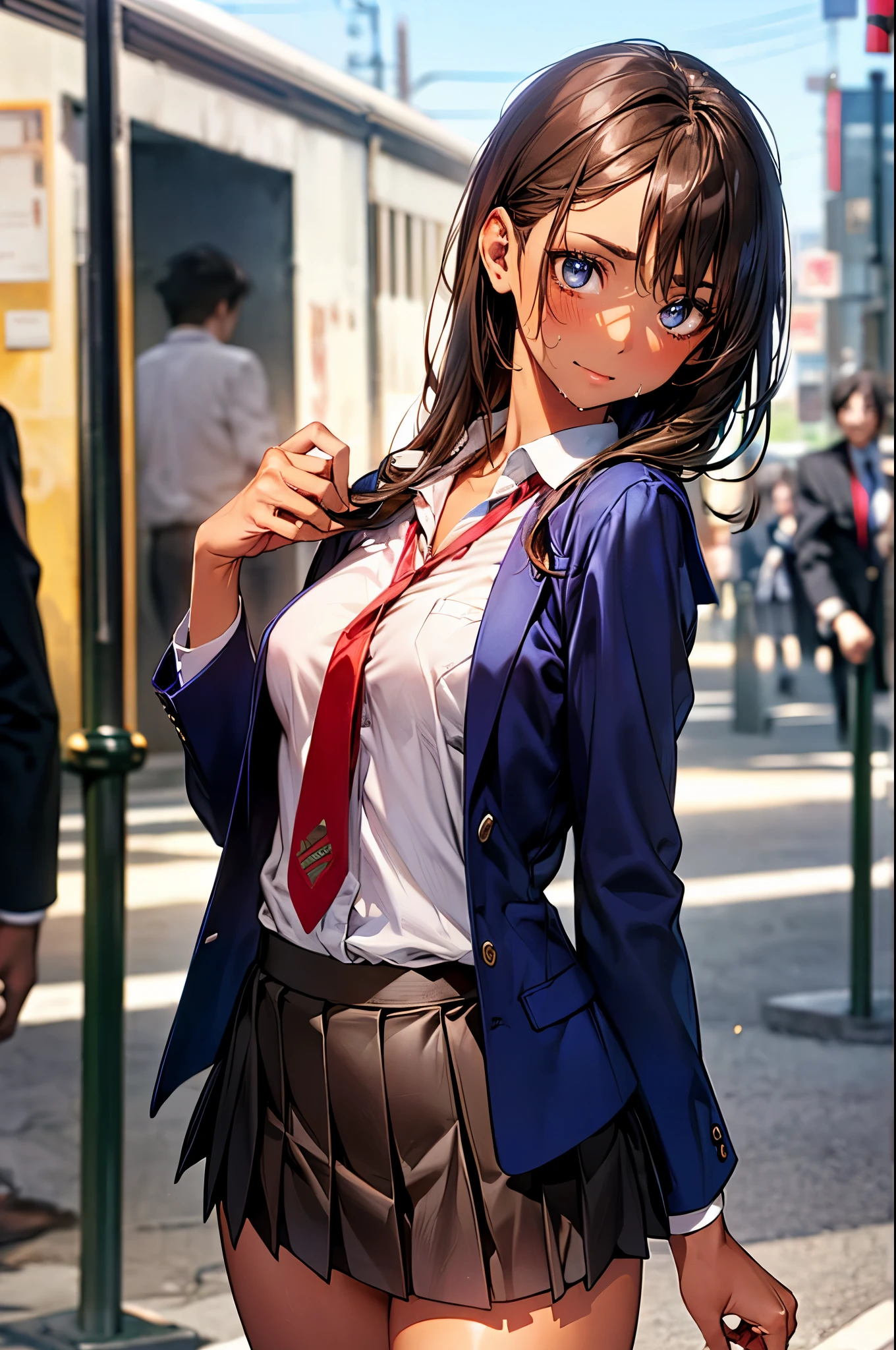 ((perfect anatomy:1.2,realistic:1.3,RAW Photography:1.3,masterpiece、highest quality、Ultra - High resolution、High resolution、Highly detailed CG、8K)),cowboy shot,1 female,solo,18 year old beauty, Japanese、((beautiful detailed face and eyes:1.2,big gorgeous eyes:1.2)),dark brown hair,long hair,bangs,medium breasts,slender body,small head:1.5,skinny,(brown skin:1.4),(oily skin,gleaming skin,shiny skin,sweat),((School uniform、navy blue blazer、red tie、pleated navy mini skirt)),Shibuya Station,on street、Tokyo