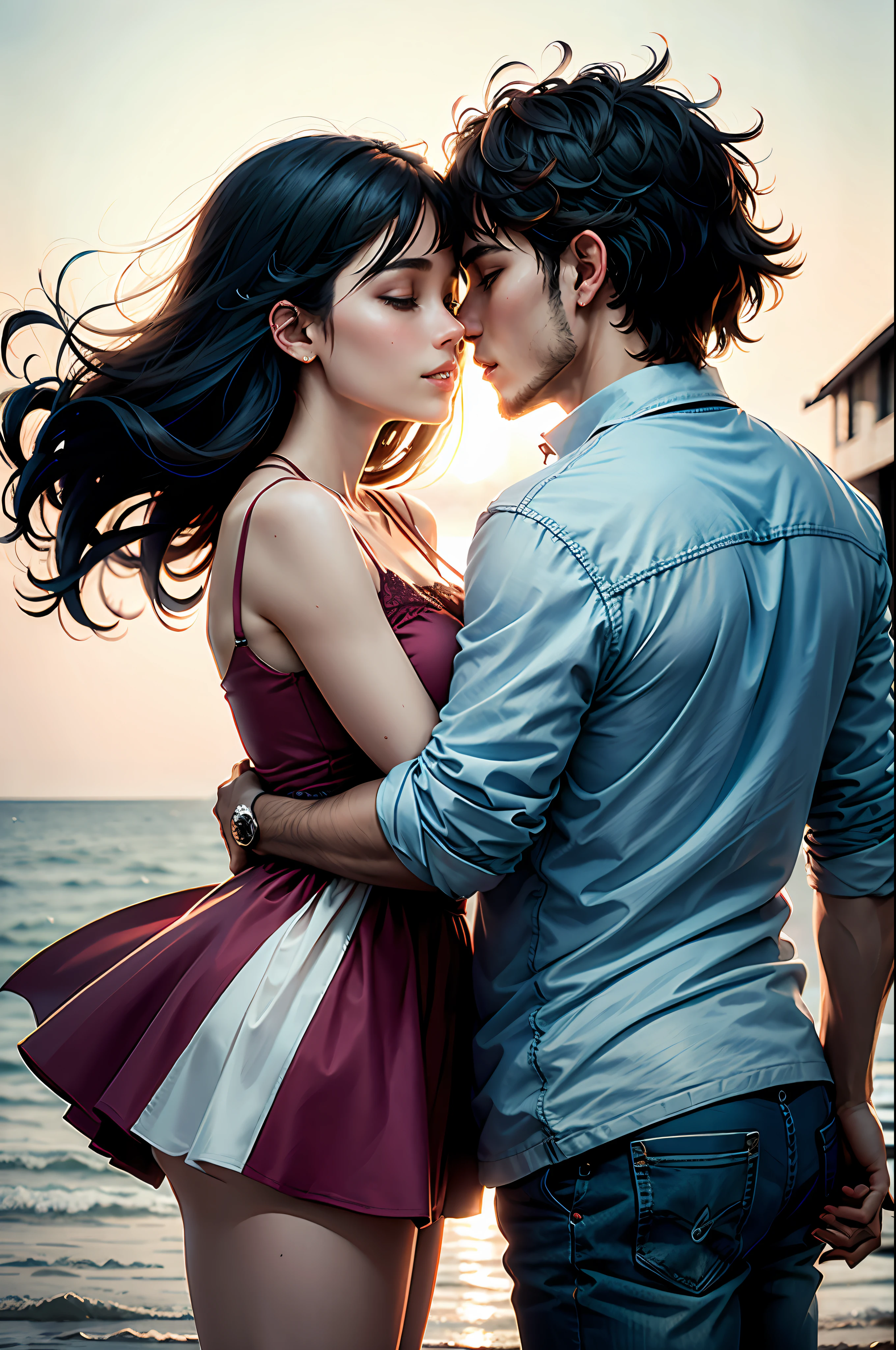 Romantic couple kissing in the wind
