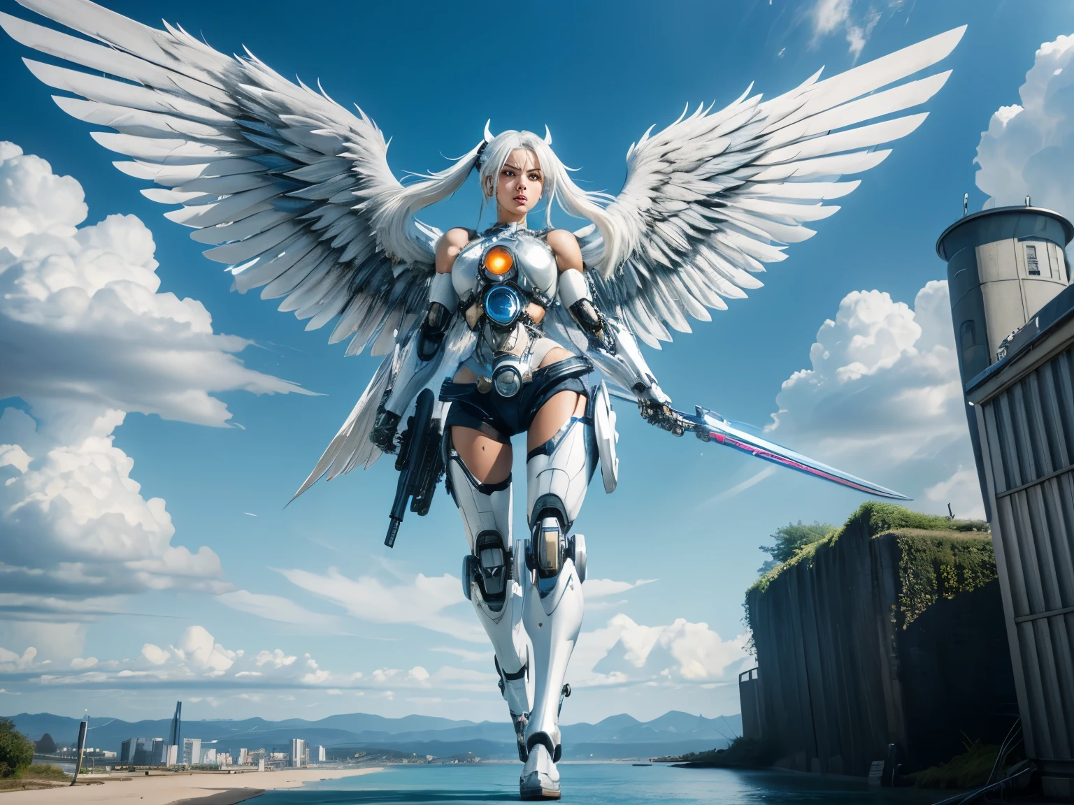 Beautiful 28 year old Woman, blue eye , twintail white hair, huge breast, ((lower body cyborg)), full body, fly, white feathered wings, wings on her waist, huge wide wings, jeans shorts,sky of sci-fi city, highres, masterpiece, photorealistic, hyperealistic, detail body, pointing gun