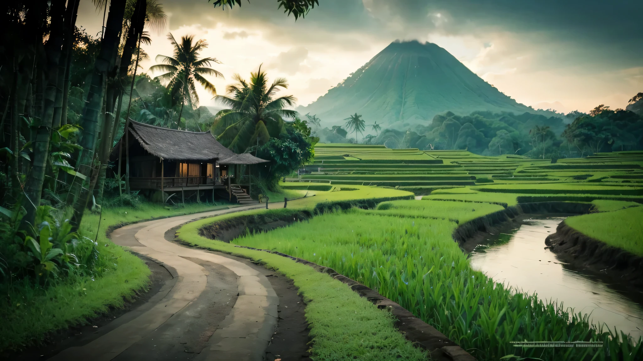 Pemandangan di Jawa barat tahun 1800, rumah kayu sederhana di tepi sungai yang deras berbatu yang air nya biru. banyak rumpun bambu besar, pohon-pohon tropis besar dan lebat, foliage yang rimbun, bark, ada pohon yang mati, ada daun yang menguning. latar belakang gunung berapi berkabut, cahaya matahari yang dramatis, muted pallete color.