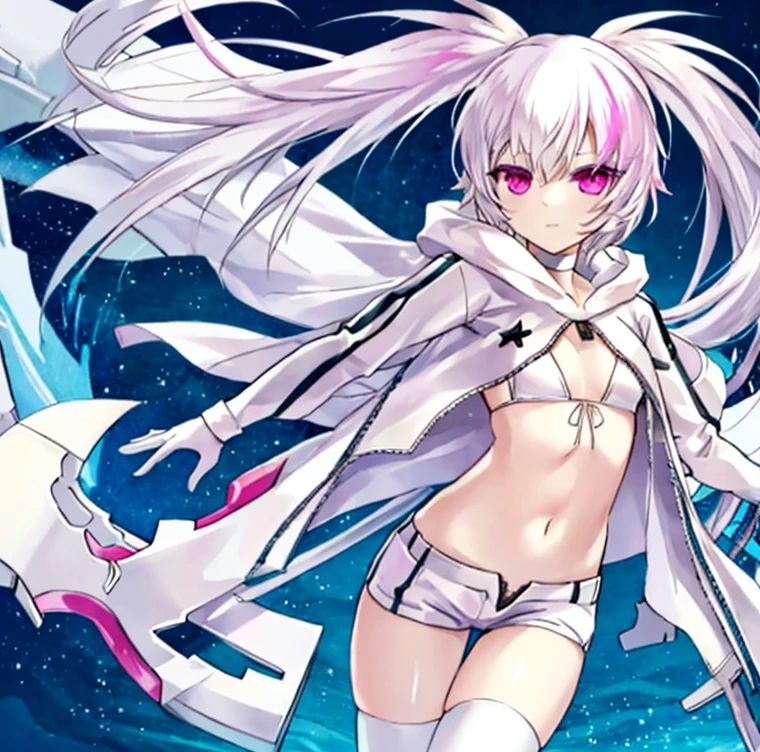 4k, 8K, (masterpiece, highest quality), intricate details,1 girl, pink eyes, White Rock Shooter, coat, collar, flat chest, Jacket, long hair, soft smile, Almost no emotion, scar, shorts, white bikini top, star \(symbol\), swimsuit, twin tails, uneven twin tails, ((Pink Fire)),fiery eyes, Pink Fire on eye, Clean atmosphere, Cold atmosphere, White Dimension,