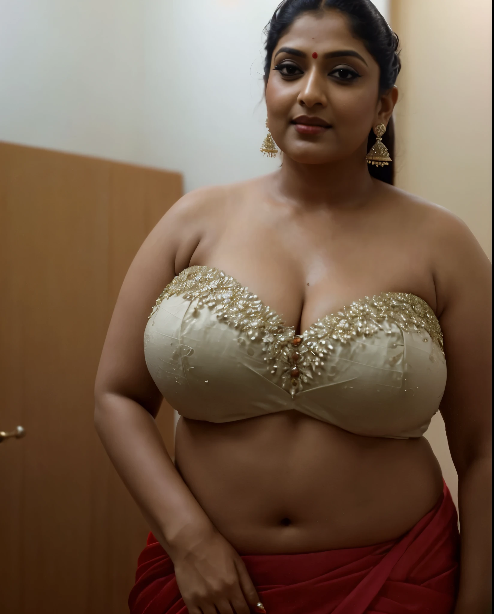 Wearing a sexy satin saree with strapless Bra, sexy Indian housewife, Looks like Indian Actress Nayanthara, actress Nayanthara, mallu, mallu aunty, desi aunty, full figured mature beauty,  sweaty skin , shining skin, sweat, attractive figure, 48 years old, spicy hot, desi milf, desi aunty, a close up of a woman in a red dress in a bedroom, inspired by Avigdor Arikha, sleek!!!, indian super model, wavy hair combed to one side, actress, by Jitish Kallat, smoldering, intense smoldering, fashion, an angel, print ready, with a dramatic looking, inspired by Sudip Roy, seductive look, sexy Saree queen, sexy Saree fashion, seductive Saree,  wear saree, sizzling hot Beauty, red juicy lips, 