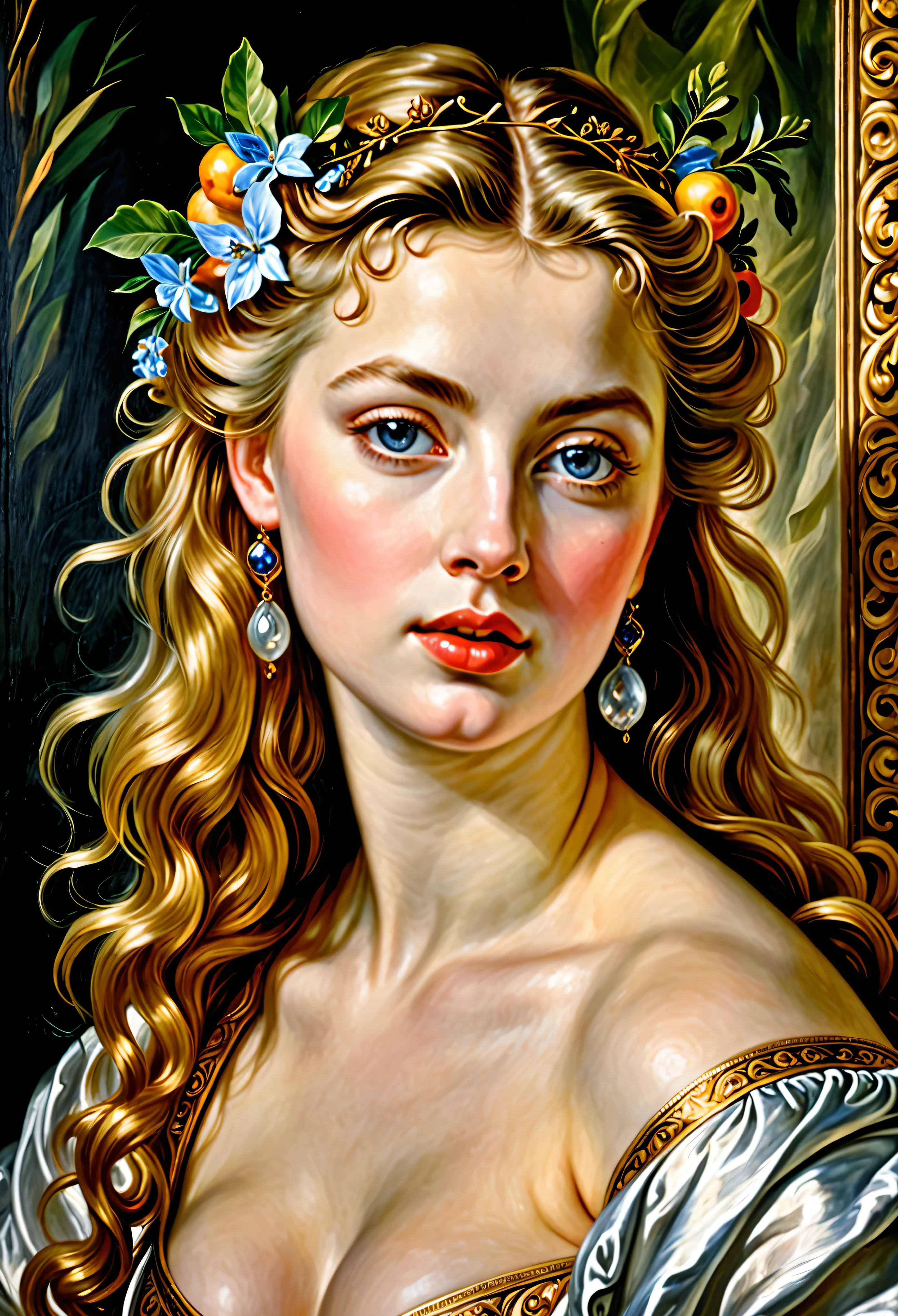 Masterpiece, Beautiful Thick Woman, Best quality, high clarity eyes, critically flawless,sharp picture, Full portrait, High pixels, perfect face, perfect eyes, beautiful face, perfect hands,perfect fingers, in Peter Paul Rubens style, by Peter Paul Rubens, baroque style, acrylic on canvas, highly detailed, description: "Create a nymph inspired by the tales of Greek or Roman mythology, embodying the essence of a natural element or location, and possessing a unique ability or trait that sets her apart."