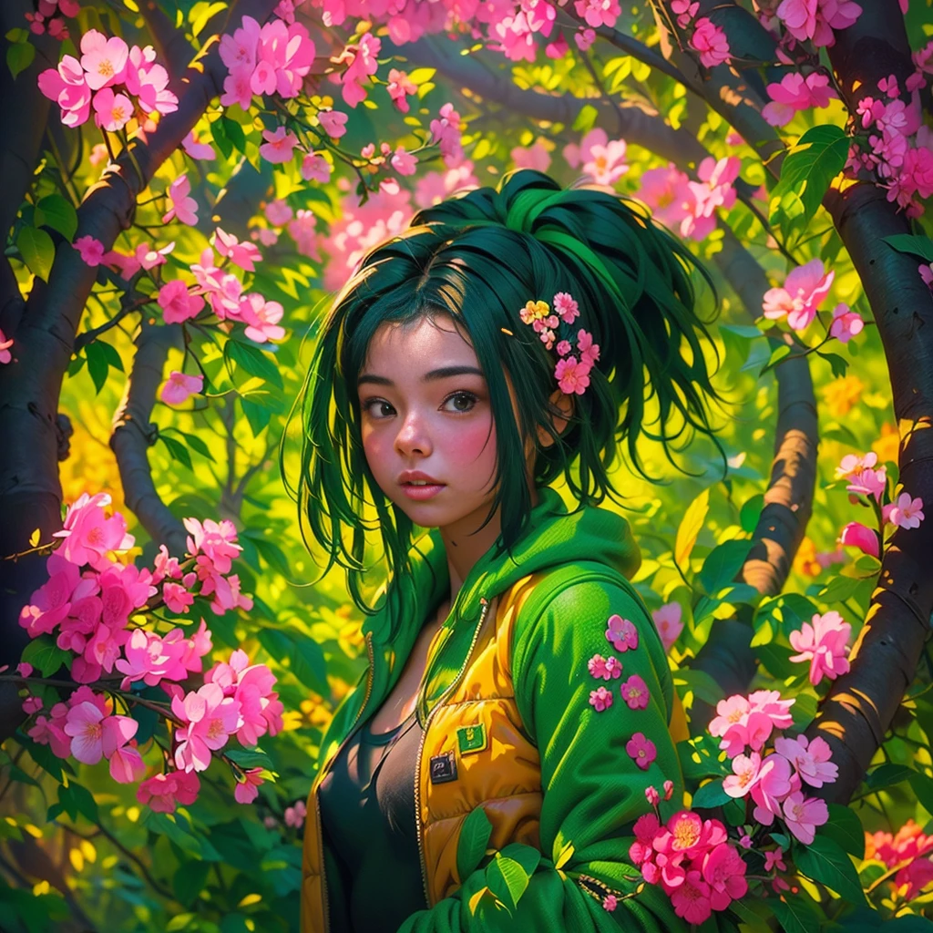 ((1 open face girl),(full height, very cute)).((pretty young black girl, black hair), (green:1.5, orange:1.1, white:1.3, yellow: 1,3), (very sexy girl rapper with dreadlocks), (tattoos), (naked parts of the body), (down jacket: 1,2), (Jacket on the naked body, thong, short T-shirt)). ((skulls, flowers, fruits),(fractal, Cherry blossoms, green leaves, Fog, circles background)).((Ideal, beautiful), (picturesque background, wide strokes, attention to detail of a girl’s face, figure, flowers) ). ((background complex insanely detailed octane render trending on artstation), (8k fine art photography, photorealistic concept art), (soft natural volumetric cinematic perfect light, chiaroscuro, award-winning photography), (masterpiece)).
