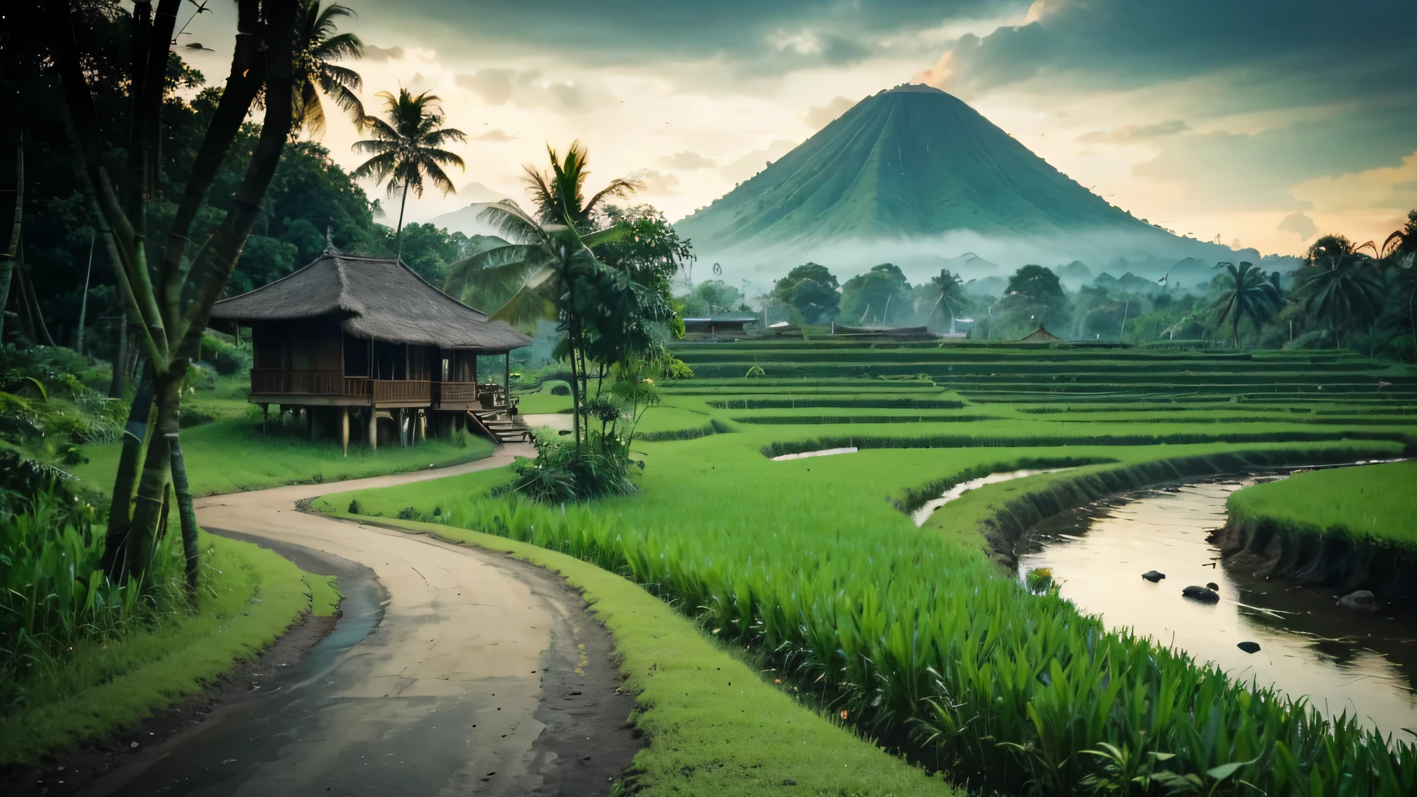 Pemandangan di Jawa barat tahun 1800, rumah kayu sederhana di tepi sungai yang deras berbatu yang air nya biru. banyak rumpun bambu besar, pohon-pohon tropis besar dan lebat, foliage yang rimbun, bark, ada pohon yang mati, ada daun yang menguning. latar belakang gunung berapi berkabut, cahaya matahari yang dramatis, muted pallete color. 