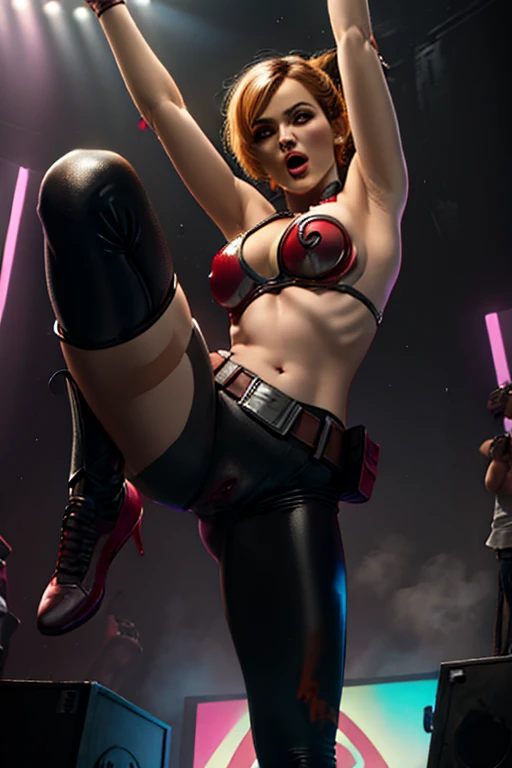sabine wren wearing a Slave Leia Outfit abs as a 20-year-old Pop Star, chun, pussy under pants, leg up, standing on one leg in high definition 3D, cyberpunk style, stylish, wearing black leather sleeveless clothes, bloodred leather pants with a silver zipper and belt below the waist, dancing , Nudist, shirtless and pintless singing on stage, tentacle squeezing her and body