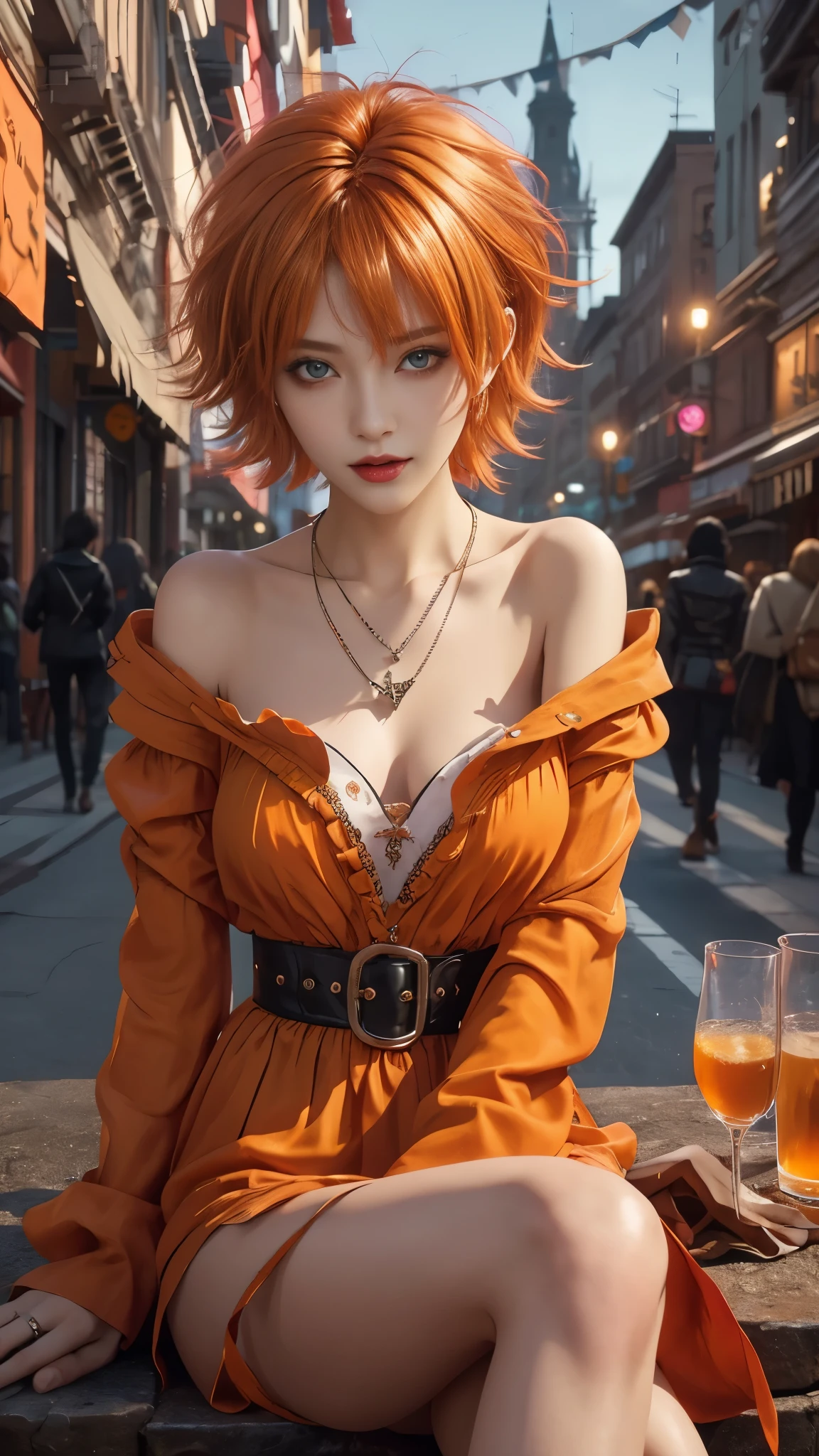​masterpiece, top-quality, ((1womanl)), different orange color, finely eye and detailed face, intricate detailes, Casual black and orange attire, window, A smile, Happiness, tenderness, high-level image quality、selfee, Beautuful Women、tall、a small face, D-cups, The upper part of the body、nightfall, nighttime scene、𝓡𝓸𝓶𝓪𝓷𝓽𝓲𝓬、Korea person, Idol Photos, Model photo, k pop, Professional Photos, Vampires, Korean fashion in black and orange, Fedoman with necklace, inspired by Sim Sa-jeong, androgynous vampire, :9 detailed face: 8, extra detailed face, detailed punk hair, ((eyes are deialed)) baggy eyes, Seductive. Highly detailed, semi realistic anime, Vampires, hyperrealistic , Delicate androgynous princess, imvu, ((short hair woman)), orange hair woman with wild look, ((Woman with short orange hair)), ((1 persons)), sitting,