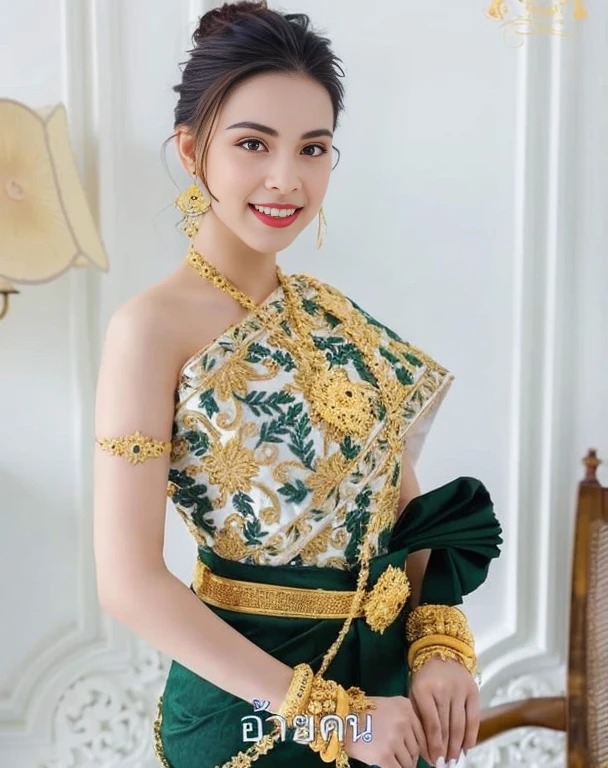 A woman in a green and gold dress poses for a photo., Dressed in intricate green and gold., Sukhothai set, traditional beauty, traditional tai costume, Niwan Chandra, traditional dress, In Lammanh style, Wear elegant clothes, According to Thawan Duchanee's style, traditional clothes, traditional, A large crown decorated with emeralds