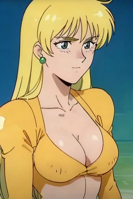 (masterpiece, best quality, high resolution, 2D, anime cels, megami magazine, 8K, Official art, sharp line), katejina loos, 1girl, sailor moon style:1.5, light smile, blush, blonde long hair, Katyusha, (large breasts:1.2), cleavage, (white bikini), light green sailor collar, (white elbow gloves), (front viewer:1.5, upper body, standing), (perfect detailed anatomy, beautiful detailed eyes, beautiful detailed face, perfect body, shiny skin), simple background, 