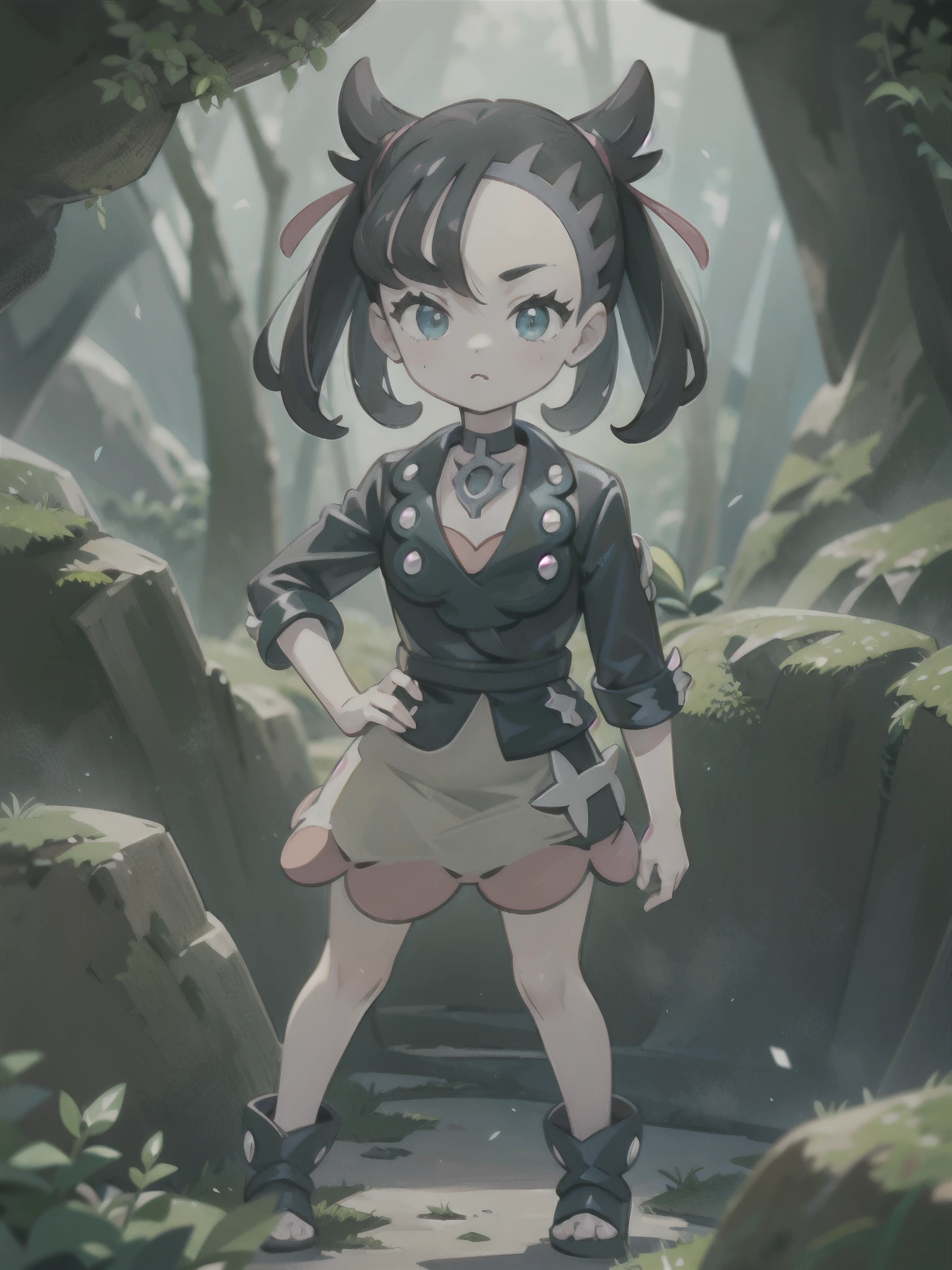 cowboy shot:1.2,((pokemon'smarnie:1.2)),(super detailed illustrations:1.2),(masterpiece, 8K), (最high quality, high quality:1.4), perfect anatomy, very detailed, super detailed,masterpiece background,beautiful detailed background, v8K wallpaper,perfect design,award winning art,stand in front of the photo、highest quality、very cute girl、、、 girl、inside a dark cave, The cave continues deeper,A dark cave covered in moss, (dramatic light:1.3), 
woman,Only one person depicted:1.2,flower,:smile:1.2,Standing with your hands on your hips:1.2