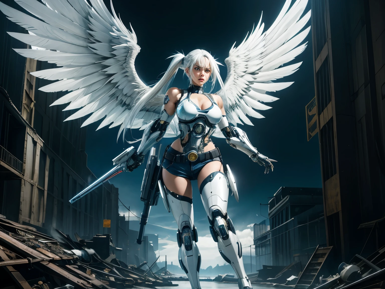 Beautiful 28 year old Woman, blue eye , twintail white hair, huge breast, (lower body cyborg), full body, fly, white feathered wings, wings on her waist, huge wide wings, jeans shorts, highres, masterpiece, photorealistic, hyperealistic, detail body, Aiming firearm, dark city