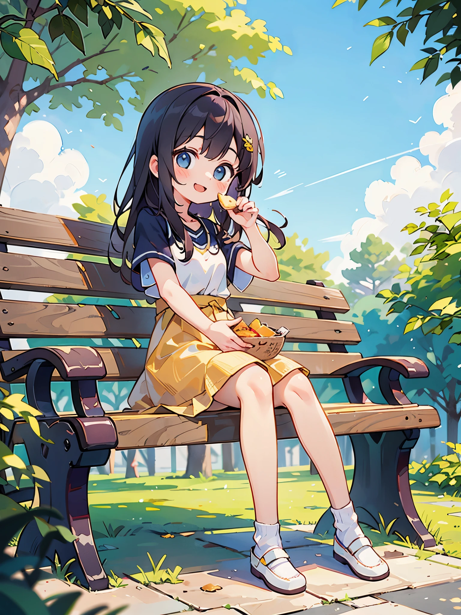 long shot、Cute girl smile、In the summer, I sit on a bench in the park and eat lunch.