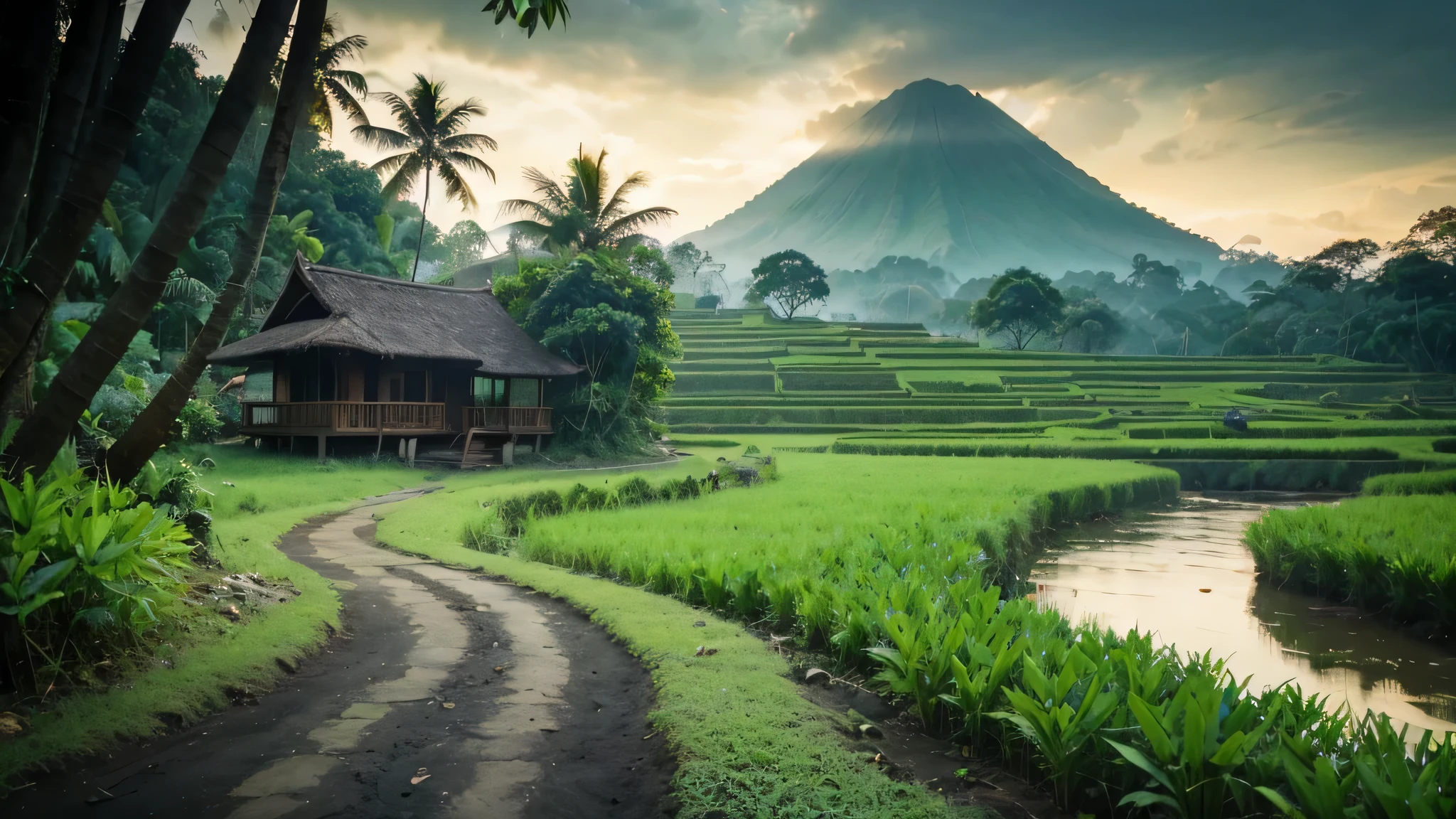 Pemandangan di Jawa barat tahun 1800, rumah kayu sederhana di tepi sungai yang deras berbatu yang air nya biru. banyak rumpun bambu besar, pohon-pohon tropis besar dan lebat, foliage yang rimbun, bark, ada pohon yang mati, ada daun yang menguning. latar belakang gunung berapi berkabut, cahaya matahari yang dramatis, muted pallete color.