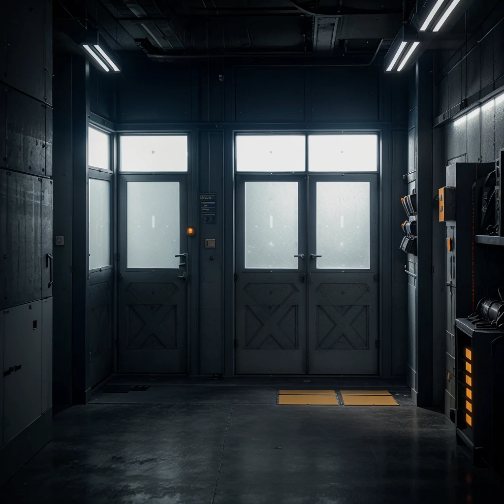 the call of duty armory is a dark room with white lights and not windows, there are weapon cases and military boxes in blue orange or yellow colors