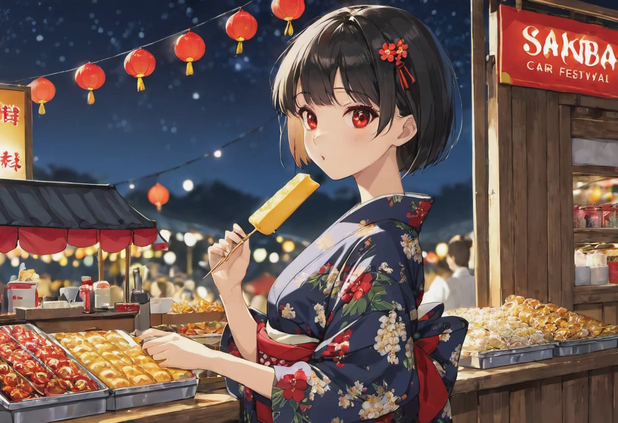 #woman#short#tie hair#black yukata#Background night festival#red eyes#Cool appearance#Visit the food stalls#black hair#high resolution#8k