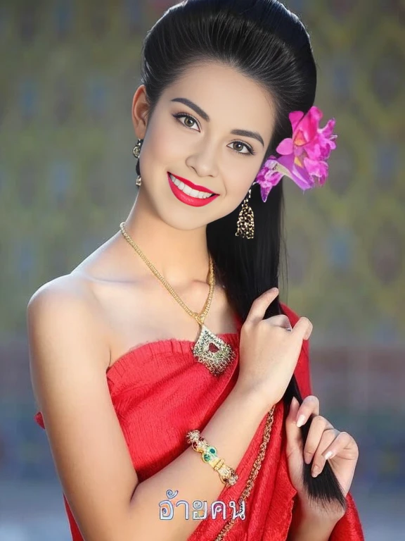 Close-up of woman in red dress with flowers in her hair, traditional beauty, Niwan Chandra, Southeast Asia that has existed for a long time, Beautiful and smiling, Sukhothai set, with a beautifull smile, beautiful oriental woman, beautiful asian woman, Thai girl anime, a young asian woman, asian woman, beautiful asian girl, very beautiful woman