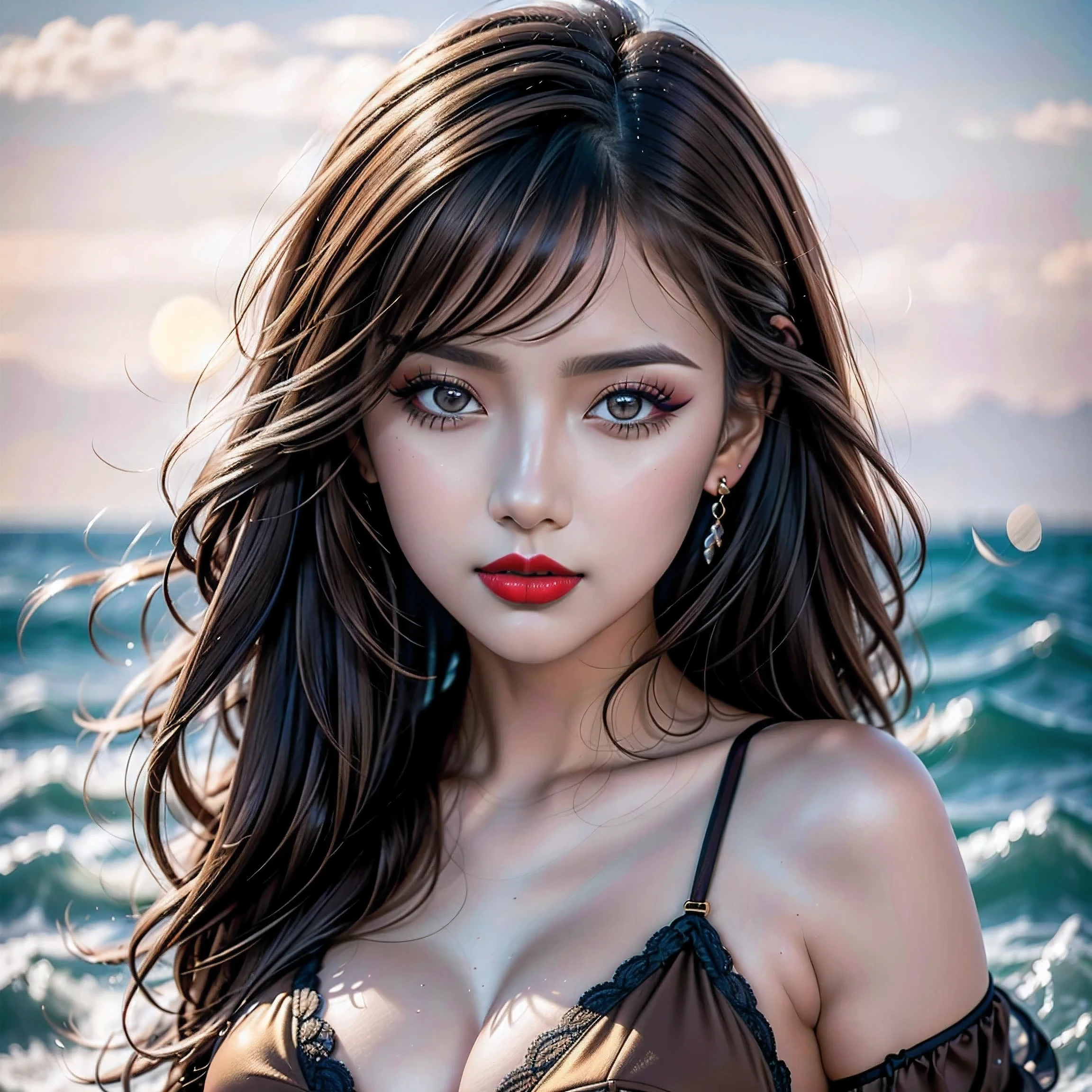 Divide Ratio : 1,1,1 Base Ratio: perfect dynamic composition:1.2,(beauty(mixed girl)(madison ivy:0.55)(jessica alba:0.3)(Ariana Grande:0.2))in(((1girl:1.4)))(22-year-old),((Intricately detailed photo)),((photorealistic))((Hyper realistic))((sharp focus))((highest resolution))(the most absurd quality)(masterpiece)((best high quality real texture skin:1.3))((Highly quality texture hair))((curly hair(slicked to the two side)Intricately detailed:1.25))(perfect proportions)((anatomically correct))((perfect female body))((firm and full normal breasts:1.2))beautiful cheekbones,(Super beautiful)(highly detailed realistic slim face)(ultra detailed eyes)(tired and sleepy and satisfied:0.0)(realistic eyes)perfect round eyes,finely detailed pupils((brown_eyes:1.32)),.BREAK,detailed lips:1.3,makeup:1.35,long_blue_eyeliner:1.15,(red_lipstick:1.25),perfect dark_eyeshadows:1.35,(Detailed nose)small head,full bodyesbian,dark shot:1.1,sitting by the seashore(wearing a flowing ethereal dress, Highly detailed)gazing at the sunset on the horizon,surrounded by seagulls soaring in the sky, with a gentle breeze blowing through her hair and the sound of crashing waves in the background, creating a serene and calming atmosphere. The artwork is created using a combination of realistic painting and photography techniques. The colors are vibrant and vivid, with warm tones to enhance the sunset effect. The lighting is soft and natural, with a golden glow emanating from the setting sun. The overall style is a mix of portrait and landscape, capturing the beauty of both the girl and the natural scenery.