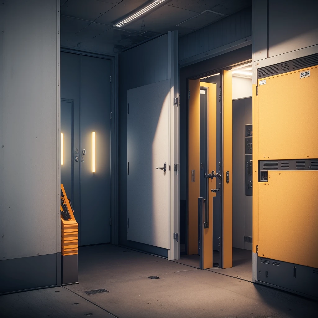the call of duty armory is a dark room with white lights and not windows, there are weapon cases and military boxes in blue orange or yellow colors