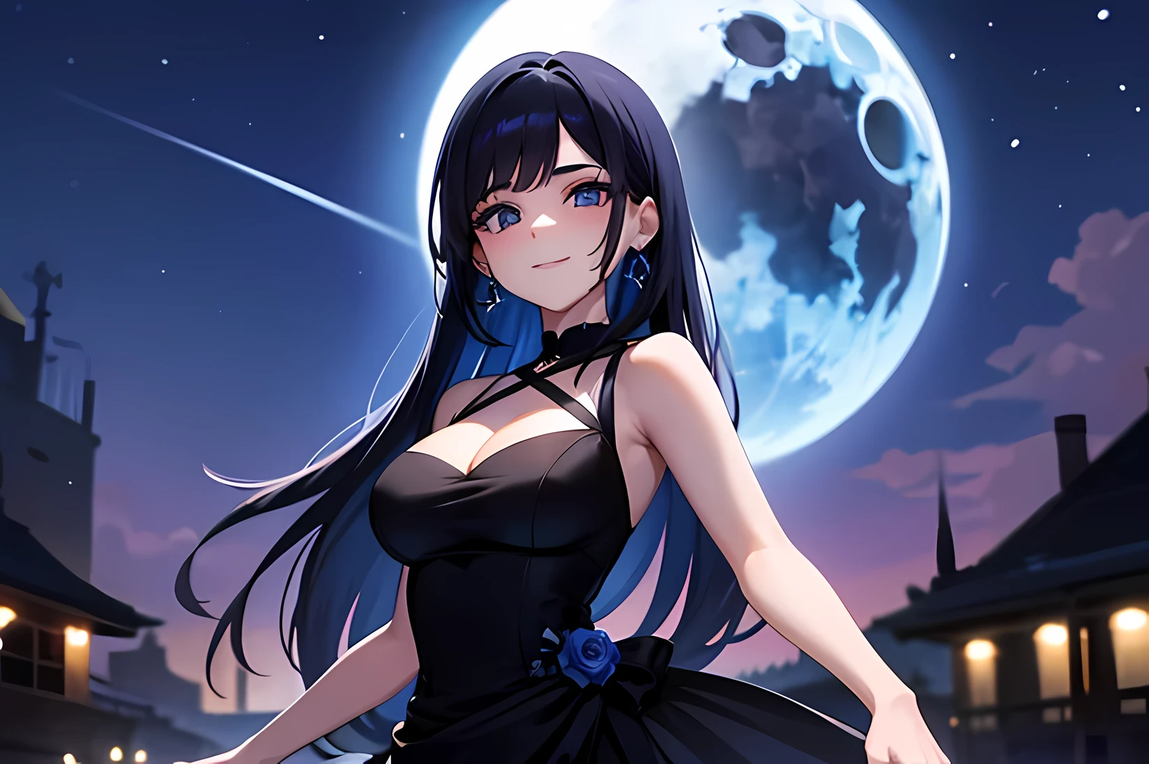 1 mujer, cabello corto azul, ojos negro, con vestido de gala negro, viendo la luna llena con una sonrisa, dress taught half miss