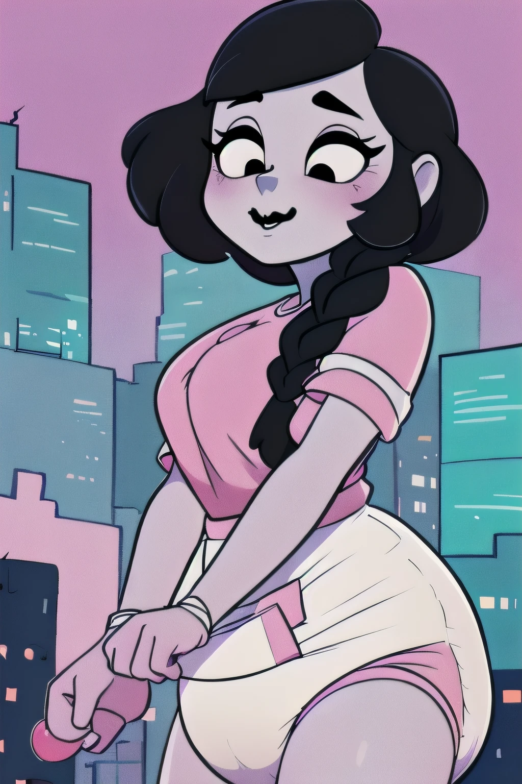 w3day_14, 1 gothic girl, black lipstick, braids, black hair, shirt tug, masterpiece, best quality, highres, best illumination, depth of field, complex background, detailed background, city, nigth, (wearing a big bulbous diaper), plastic backed taped diaper, puffy diaper, poofy, heart emojis