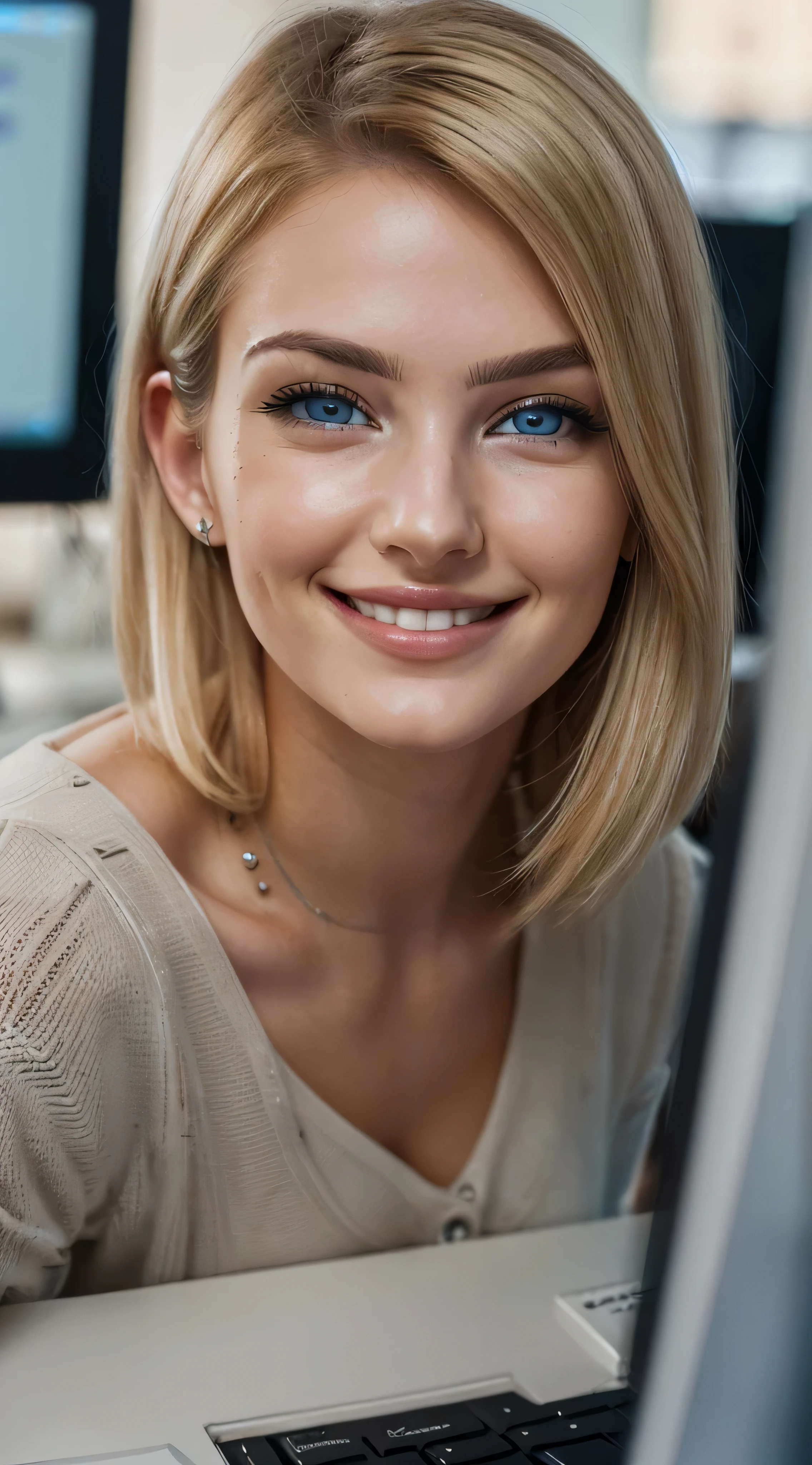 Medium full shot, Glamour Portrait shot of a 26 year old woman, (((Kelly Von East))). Short blonde hair, bright blue eyes , extremely long eyelashes, (realistic face, perfect eyes, perfect face:1.1), make-up, (smiling, laughing), wearing a mans white business shirt, unbuttoned shirt. small breasts, nipples, cleavage, navel, bare legs.. dramatic lighting, night, sunrise. No bra. Nobra. Downblouse.
