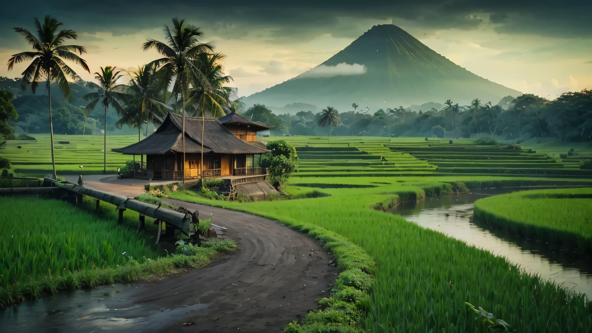 Pemandangan di Jawa barat tahun 1800, rumah kayu sederhana di tepi sungai yang deras berbatu yang air nya biru. banyak rumpun bambu besar, pohon-pohon tropis besar dan lebat, foliage yang rimbun, bark, ada pohon yang mati, ada daun yang menguning. latar belakang gunung berapi berkabut, cahaya matahari yang dramatis, muted pallete color.