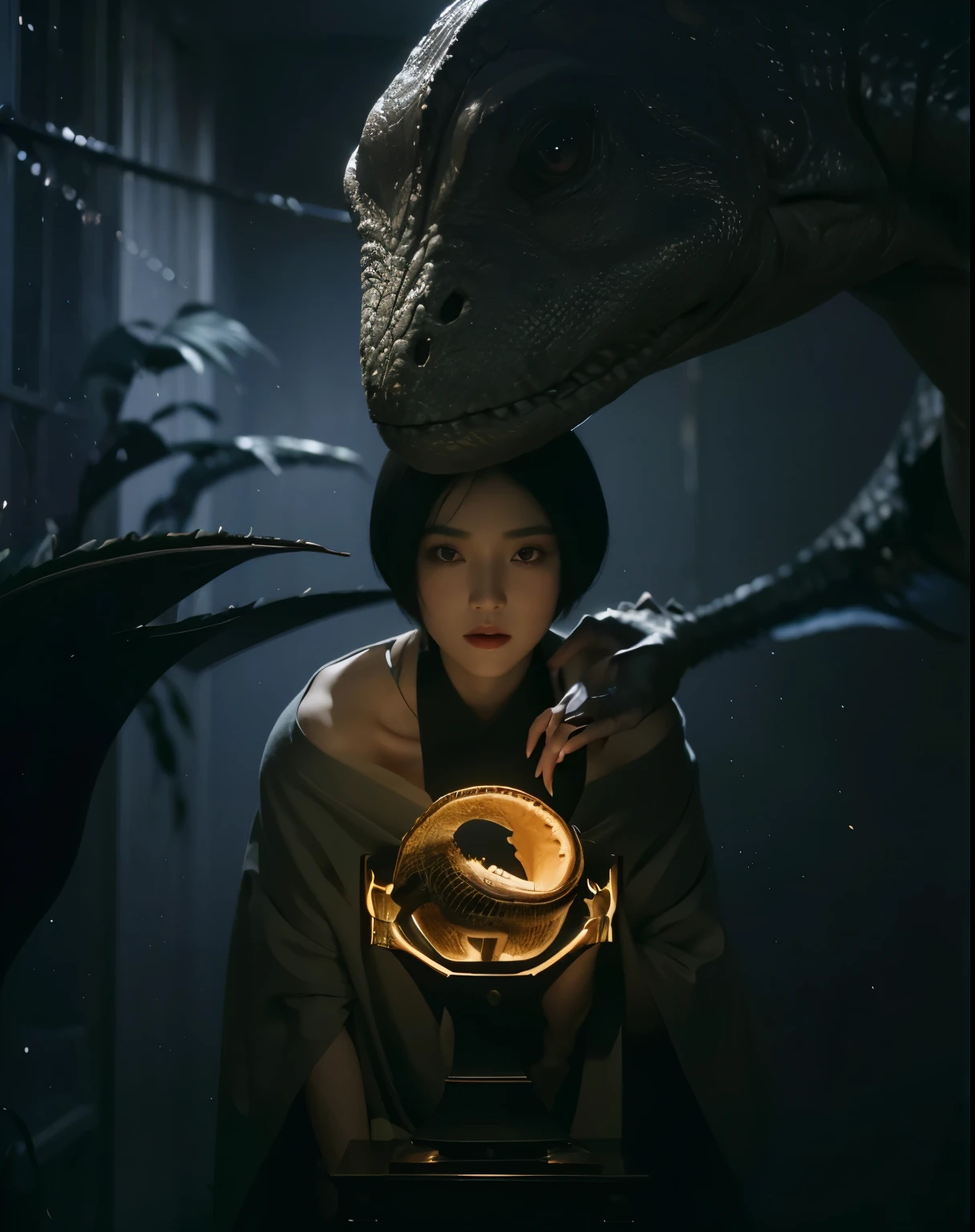 (Best quality, 8k, 32k, Masterpiece, UHD:1.2) "Generate a captivating artwork featuring a young Japanese girl model with short, sleek black hair styled in a chic bob haircut. Envision her bathed in dramatic cinematic lighting, creating an atmosphere of allure and mystery. Emphasize a romantic aesthetic vibe, showcasing the model in a poised and elegant pose that evokes a sense of intimacy and sophistication. Utilize warm and soft tones to enhance the romantic ambiance, and consider incorporating elements like flowing fabrics or flowers to add a touch of ethereal beauty. Capture the essence of romance and beauty through the model's expression, the play of light and shadows, and the overall aesthetic, creating a visually compelling and emotionally resonant piece." (perfect eyes), flawless skin, flawless face, cinematic, tight body, ((well-proportion female hands)), ((female hands with five digits)) ((Body is well proportioned)), ((chic bob haircut)), soft focus ((Short Black Hair)), ((Dinosaur))