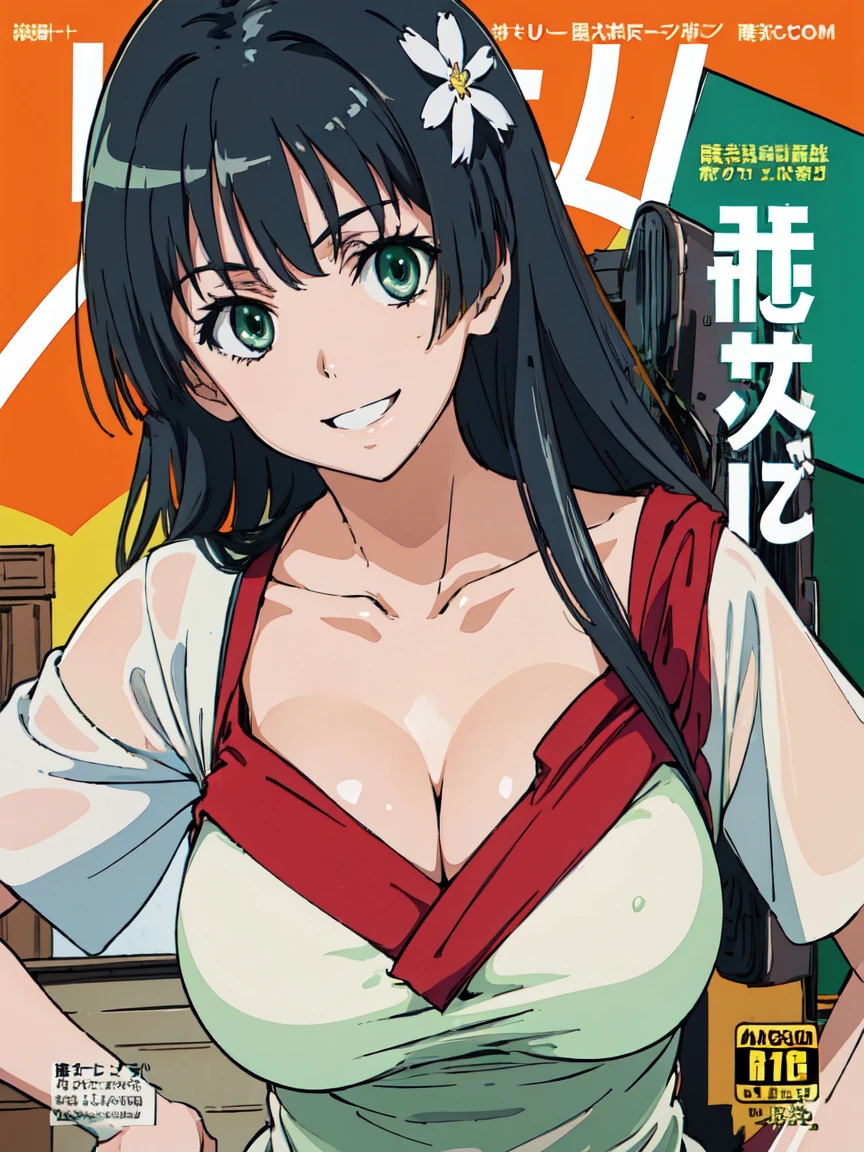 hustlercover, (High resolution:1.4), (masutepiece:1.2), (High quality:1.3) 1girl, saten ruiko, hair ornament, green eyes, long hair, black hair, huge smile