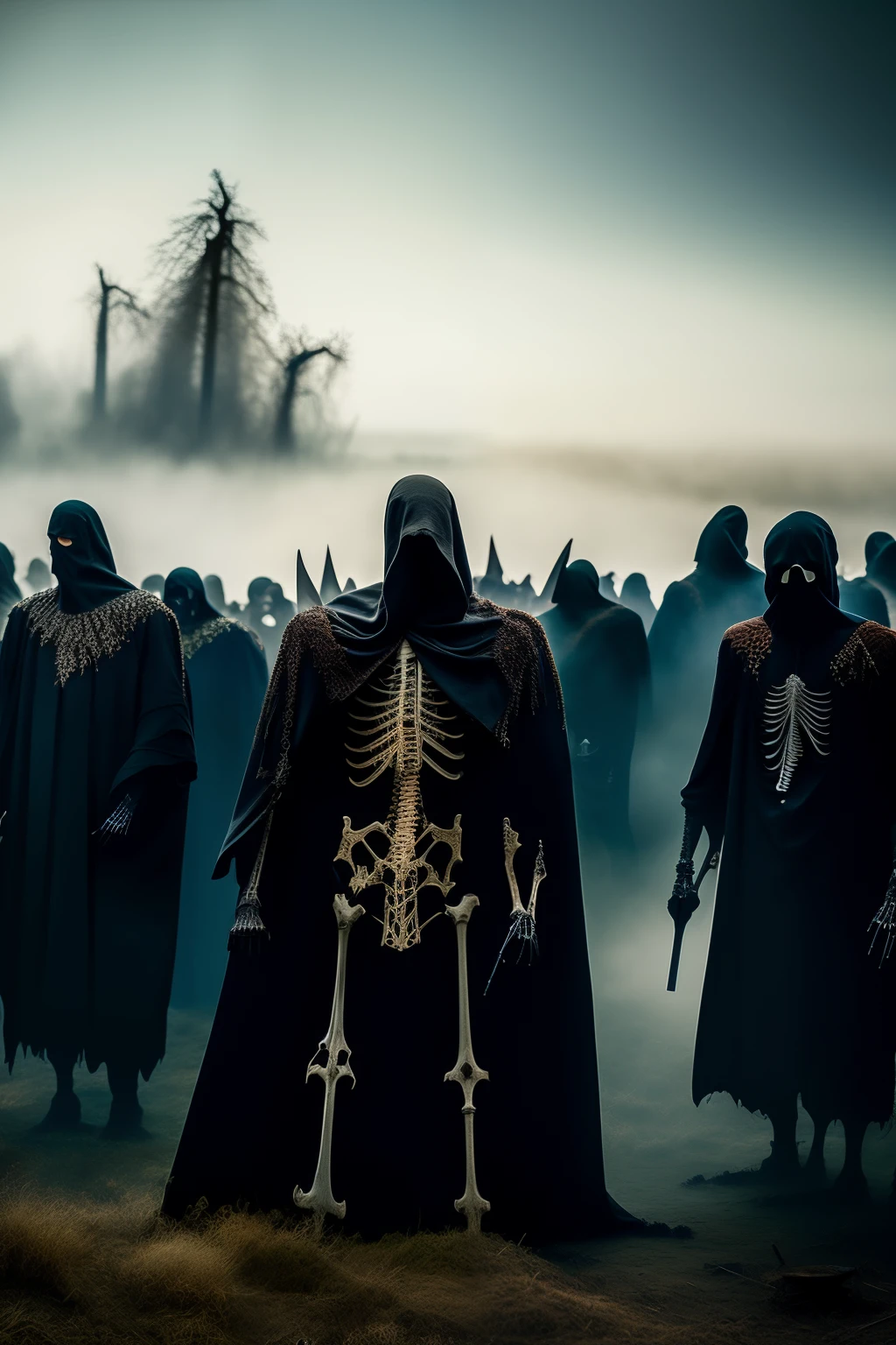 In this hyper-realistic and highly detailed scenario, the world is plunged into an apocalyptic nightmare as an army of grim reapers emerges from the shadows, relentlessly attacking unsuspecting people. The level of detail in their skeletal forms is truly astonishing, as every bone, every tattered scrap of their cloaks, and every haunting feature is rendered with meticulous precision. The atmosphere is heavy with despair as these otherworldly beings swarm the devastated landscape, their scythes gleaming with a menacing aura. The scene is captured with a masterful touch, employing the finest techniques in digital art to create a truly immersive experience. From the intricate folds of the grim reapers' robes to the glistening droplets of blood that hang in the air, every