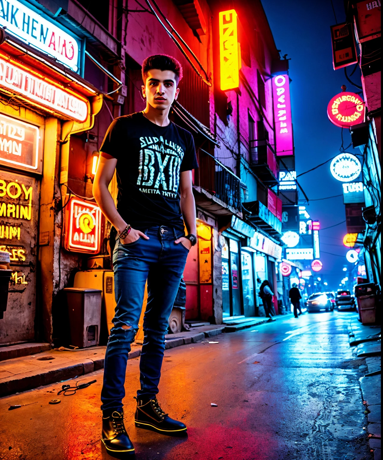 1boy, young Turkish man, black plain Teeshirt, tight jeans, ankle boots, artistic photograph of a cyberpunk, full body shot, extremely detailed, centered, intricate neon slums in the background, high resolution, hyperdetailed, soft lighting, film grain