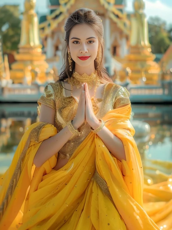 A woman in a yellow dress stands in front of a fountain., with yellow cloth, Hindu Aesthetics, indian goddess of wealth, indian goddess, traditional beauty, Beautiful Yellow Woman, beautiful goddess, Southeast Asia that has existed for a long time, A woman wearing a yellow dress., Sukhothai set, Dress in a sari., beautiful oriental woman, asian woman, beautiful golden saint