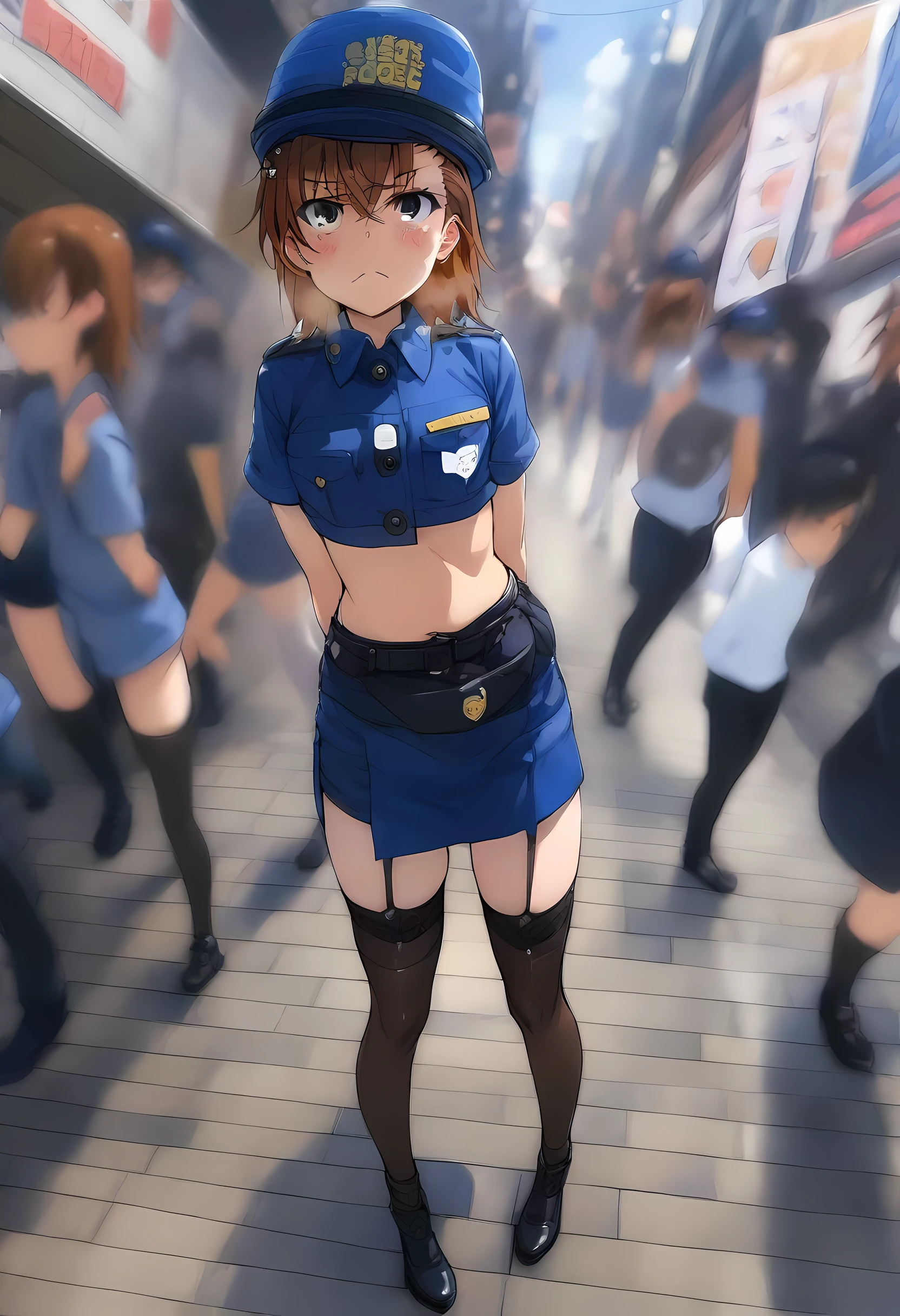 masterpiece, best quality, very aesthetic, absurdres, full body shot,(police costume:1.3), (button gap:0), police skirt, police cap, stockings with garter, on the crowed street, 1girl, misaka mikoto, toaru majutsu no index
