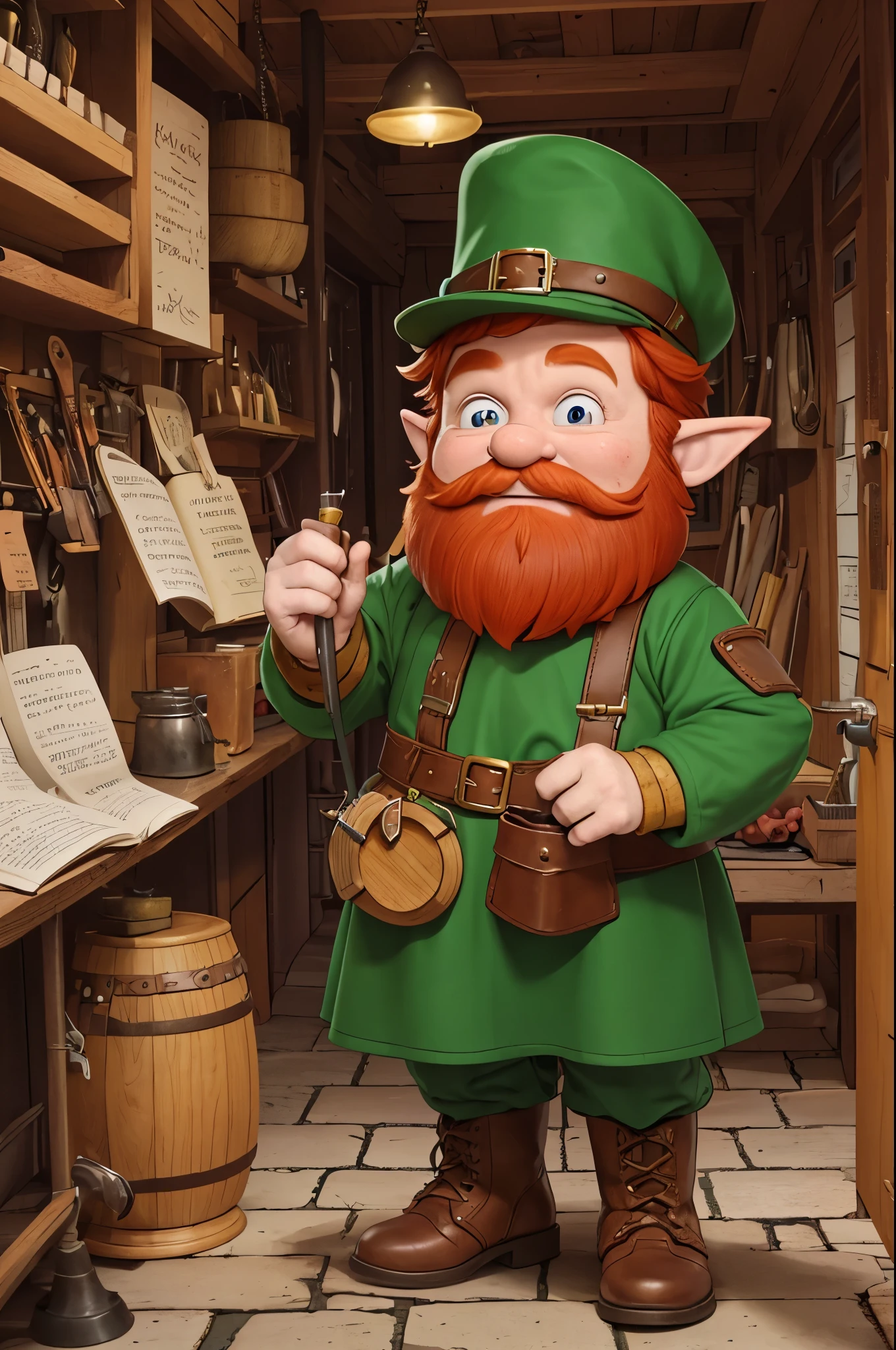 (master piece), 8k, best quality, cartoon, Leprechaun, diminutive little man, 1 meter tall, redhead, red beard, old man, wrinkled skin, thick nose, brown eyes and pointed elf ears, which denote his magical nature, green clothing, often accompanied by a red cap, a strange three-cornered hat, which adds a touch of mystery to his appearance. A leather apron and buckled shoes complete her signature attire. They always keep with them a pipe, a small old and worn hammer, indicating their skills as craftsmen and engineers.