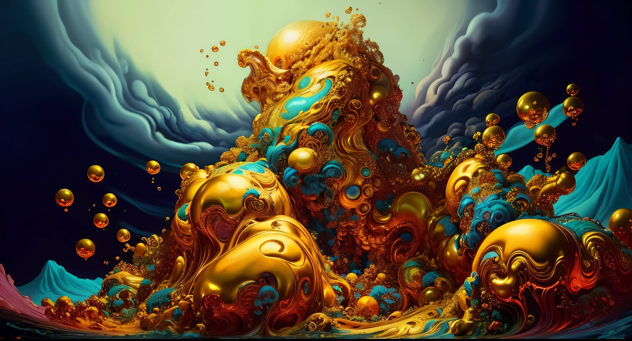 close up image of a golden giant octopus with many bubbles, 4k high detailed digital art, fractal Thunder by Dan Mumford, complex digital painting, style by Dan Mumford and Alex Gray, mind-bending digital art, high detailed digital art, Extremely detailed digital art, elaborate digital art, highly detailed digital painting, high detailed digital artwork, overdetailed digital art