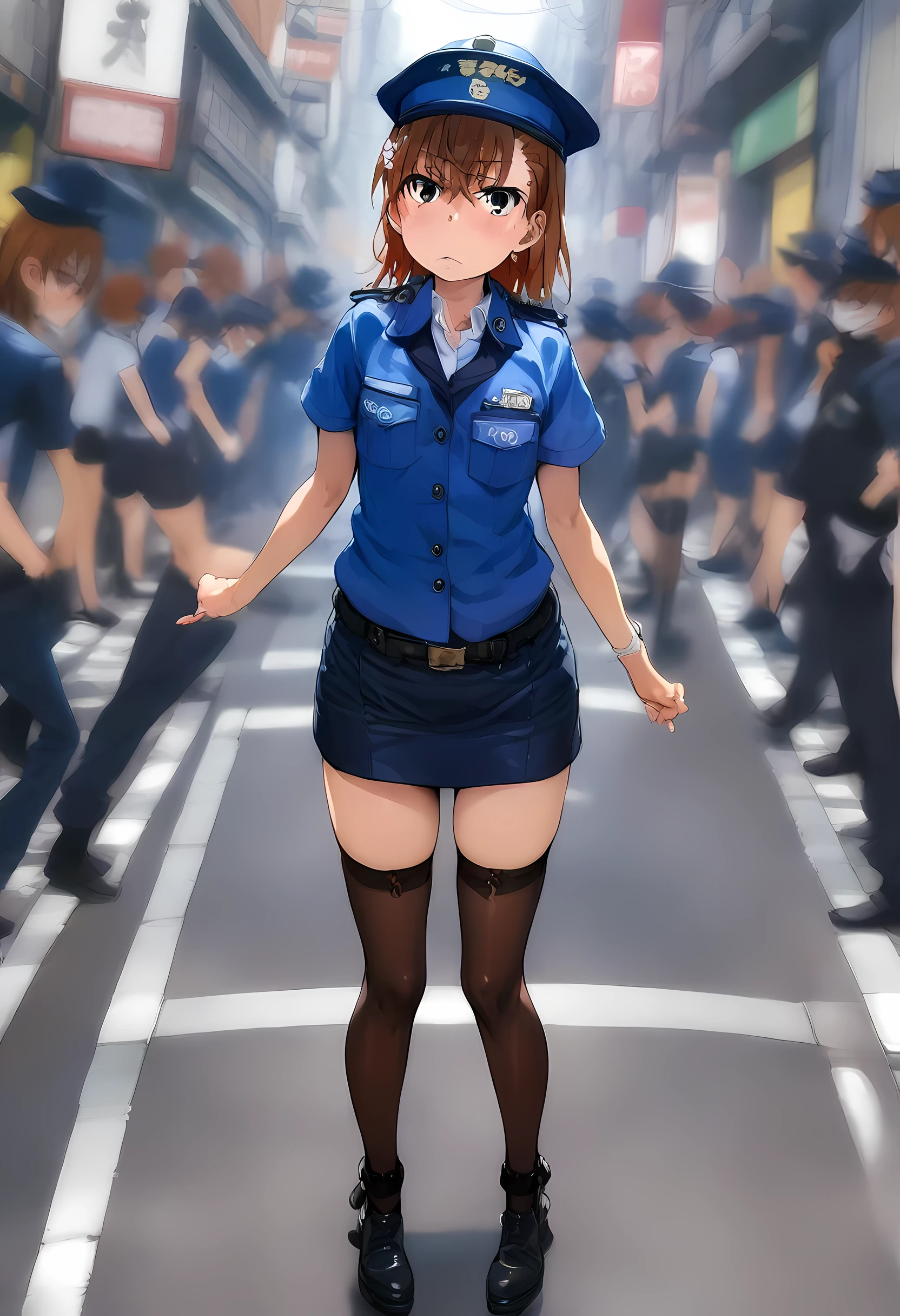 masterpiece, best quality, very aesthetic, absurdres, full body shot,(police costume:1.3), (button gap:0), police skirt, police cap, stockings with garter, on the crowed street, 1girl, misaka mikoto, toaru majutsu no index