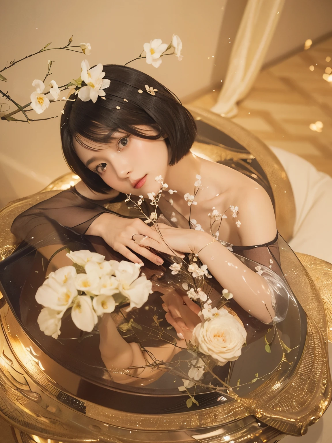 (Best quality, 8k, 32k, Masterpiece, UHD:1.2) "Generate a captivating artwork featuring a young Japanese girl model with short, sleek black hair styled in a chic bob haircut. Envision her bathed in dramatic cinematic lighting, creating an atmosphere of allure and mystery. Emphasize a romantic aesthetic vibe, showcasing the model in a poised and elegant pose that evokes a sense of intimacy and sophistication. Utilize warm and soft tones to enhance the romantic ambiance, and consider incorporating elements like flowing fabrics or flowers to add a touch of ethereal beauty. Capture the essence of romance and beauty through the model's expression, the play of light and shadows, and the overall aesthetic, creating a visually compelling and emotionally resonant piece." (perfect eyes), flawless skin, flawless face, cinematic, tight body, ((well-proportion female hands)), ((female hands with five digits)) ((Body is well proportioned)), ((chic bob haircut)), soft focus ((Short Black Hair)),