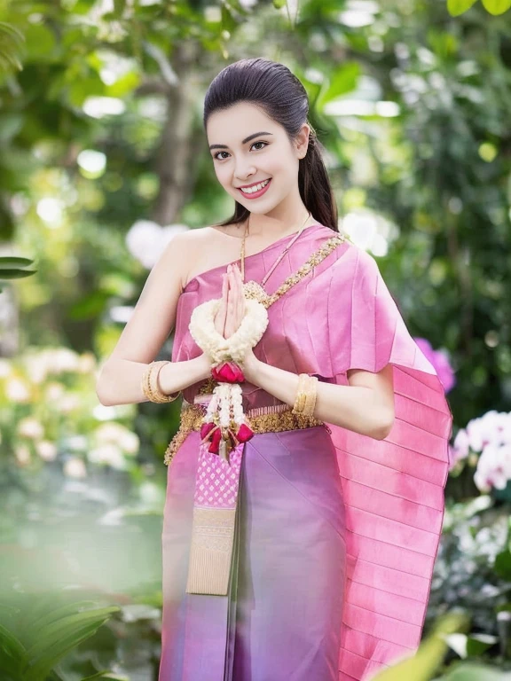 Aarav woman in pink and purple dress holds flowers., Sukhothai set, pink lotus queen, traditional beauty, Thai girl anime, Niwan Chandra, According to Thawan Duchanee's style, traditional tai costume, wearing authentic attire, asian woman, wearing traditional garb, Southeast Asia that has existed for a long time, traditional, traditional dress, Thailand