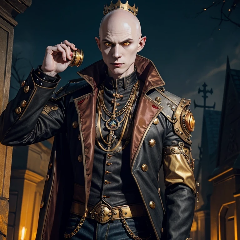 Nosferatu man pale skin bald complexion muscular Steampunk jacket with gold ornaments crown necklace wearing red shirt yellow eyes black denim pants with a cup of blood in his hand looking straight at viewer on a night cemetery background