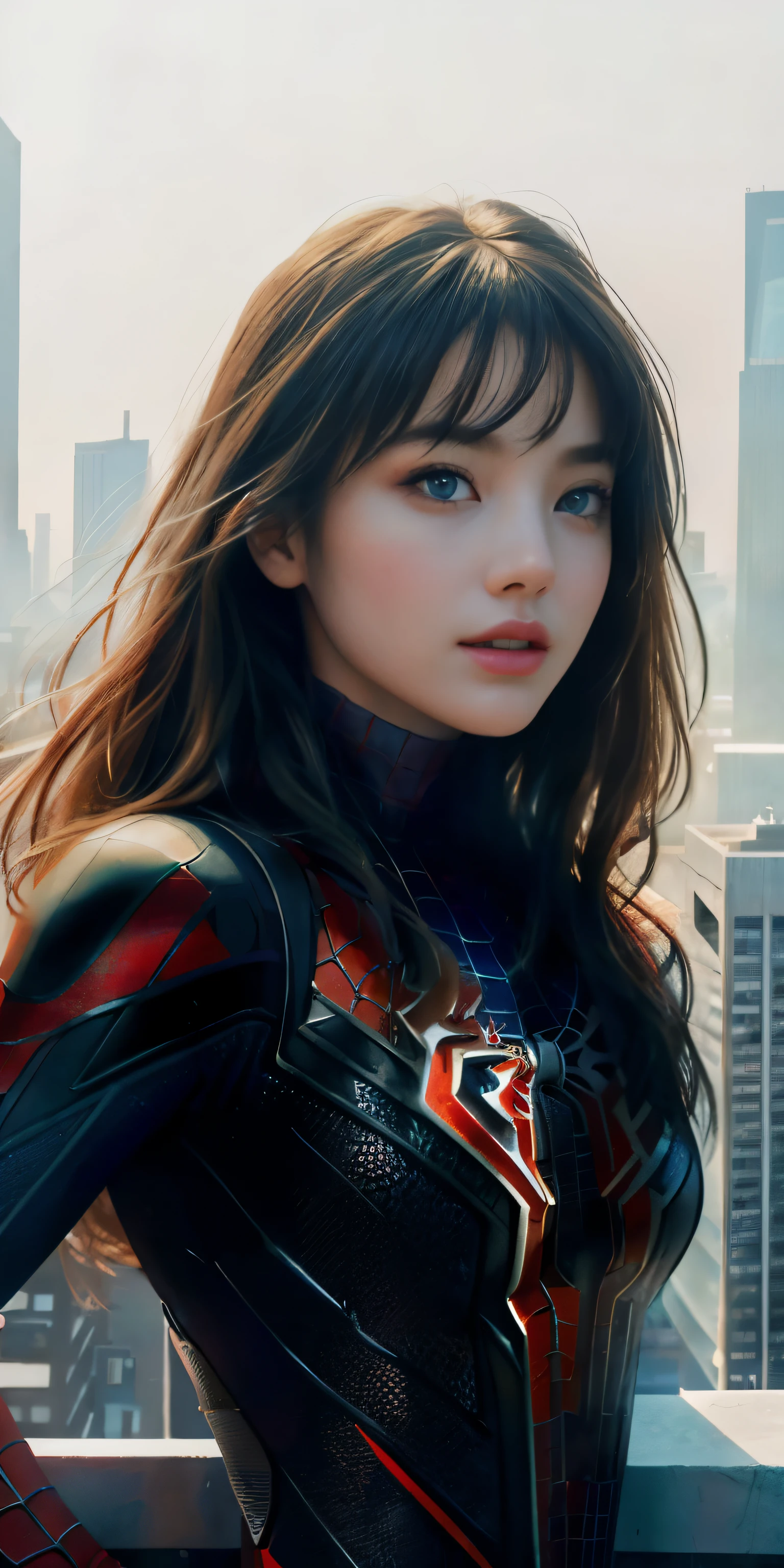 (1girl:1.3), Solo, (((Very detailed face)))), ((Very detailed eyes and face)))), Beautiful detail eyes, Body parts__, Official art, Unified 8k wallpaper, Super detailed, beautiful and beautiful, beautiful, masterpiece, best quality, original, masterpiece, super fine photo, best quality, super high resolution, realistic realism, sunlight, full body portrait, amazing beauty, dynamic pose, delicate face, vibrant eyes, (from the front), She wears Spider-Man suit, red and black color scheme, spider, very detailed city roof background, rooftop, overlooking the city, detailed face, detailed complex busy background, messy, gorgeous, milky white, highly detailed skin, realistic skin details, visible pores, clear focus, volumetric fog, 8k uhd, DSLR, high quality, film grain, fair skin, photo realism, lomography, futuristic dystopian megalopolis, translucent