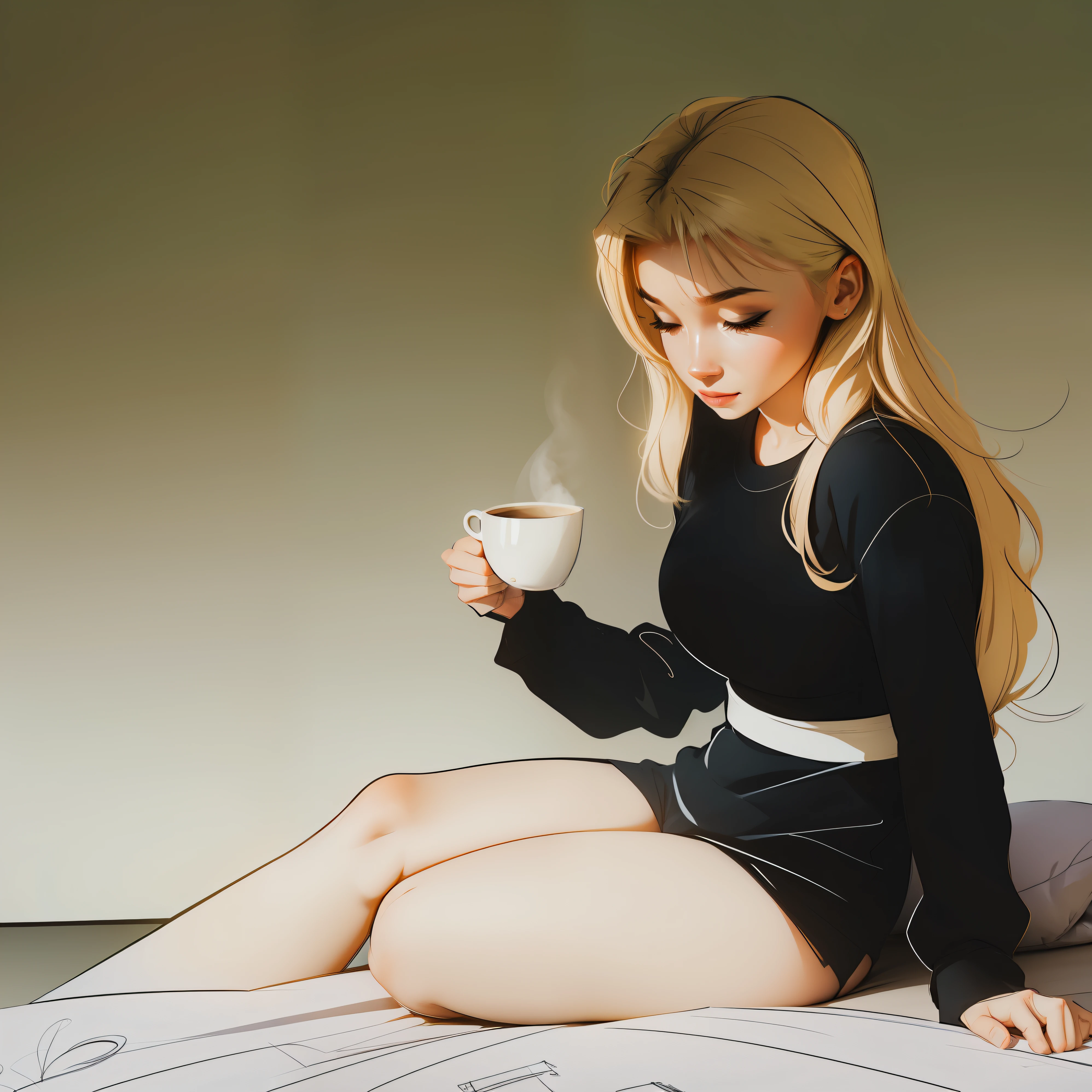 a drawing of a woman sitting on a bed with a cup of coffee, various pose,  sitting on a bed, relaxed pose, comic drawing