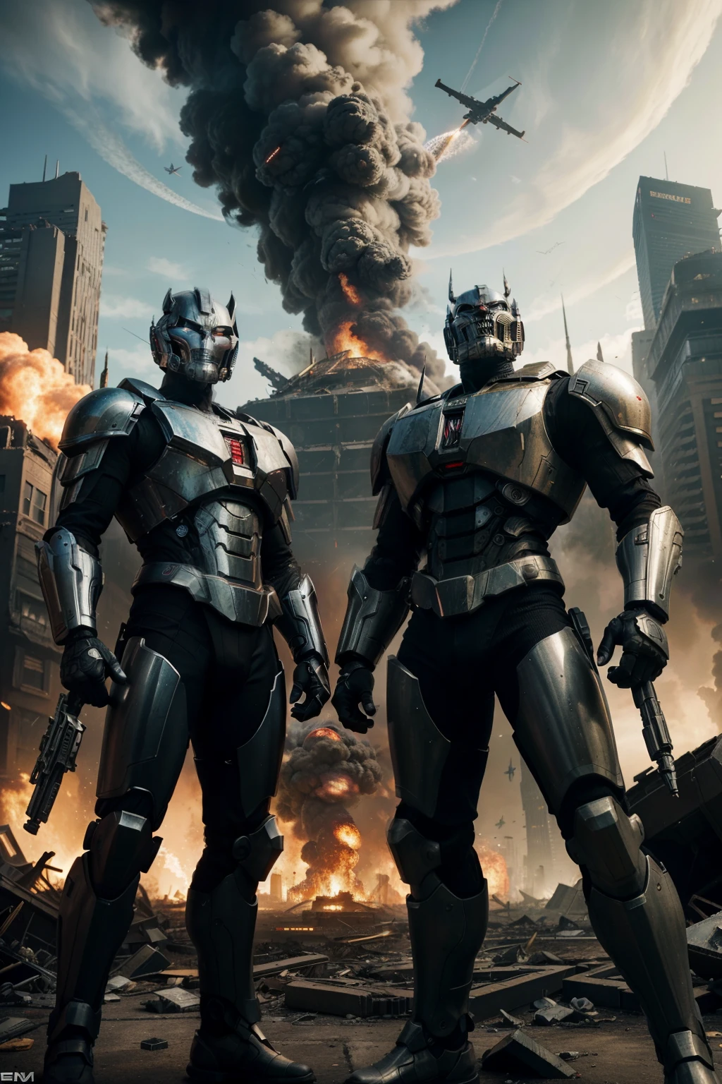 In a hyper-realistic portrayal, witness the apocalyptic battle between the Decepticons and human civilization. With meticulous attention to detail, this cinematic masterpiece captures the intricate chaos as the world hangs in the balance. The scene is set with a highly detailed rendering of the devastated cityscape, showcasing the aftermath of destruction. The Decepticons, with their menacing expressions and intricate robotic designs, exude a sense of impending doom. Each metallic surface reflects the light in stunning detail, highlighting the craftsmanship that went into their creation. The humans, with their determined expressions and detailed facial features, stand as a symbol of resilience in the face of overwhelming odds. Through the use of vibrant colors and meticulous rendering, the scene achieves a hyper-realistic quality that immers