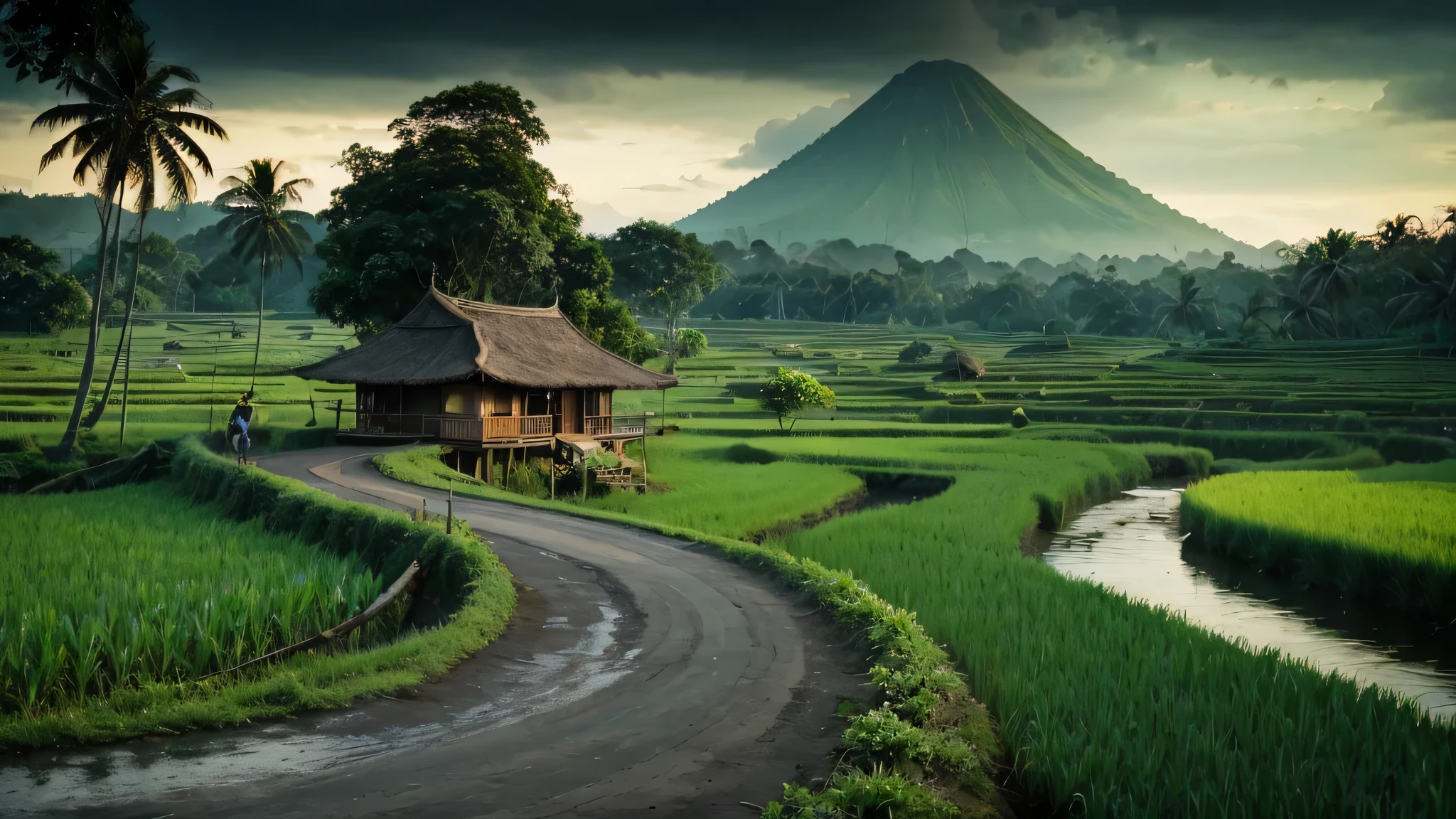 Pemandangan di Jawa barat tahun 1800, rumah kayu sederhana di tepi sungai yang deras berbatu yang air nya biru. banyak rumpun bambu besar, pohon-pohon tropis besar dan lebat, foliage yang rimbun, bark, ada pohon yang mati, ada daun yang menguning. latar belakang gunung berapi berkabut, cahaya matahari yang dramatis, muted pallete color.