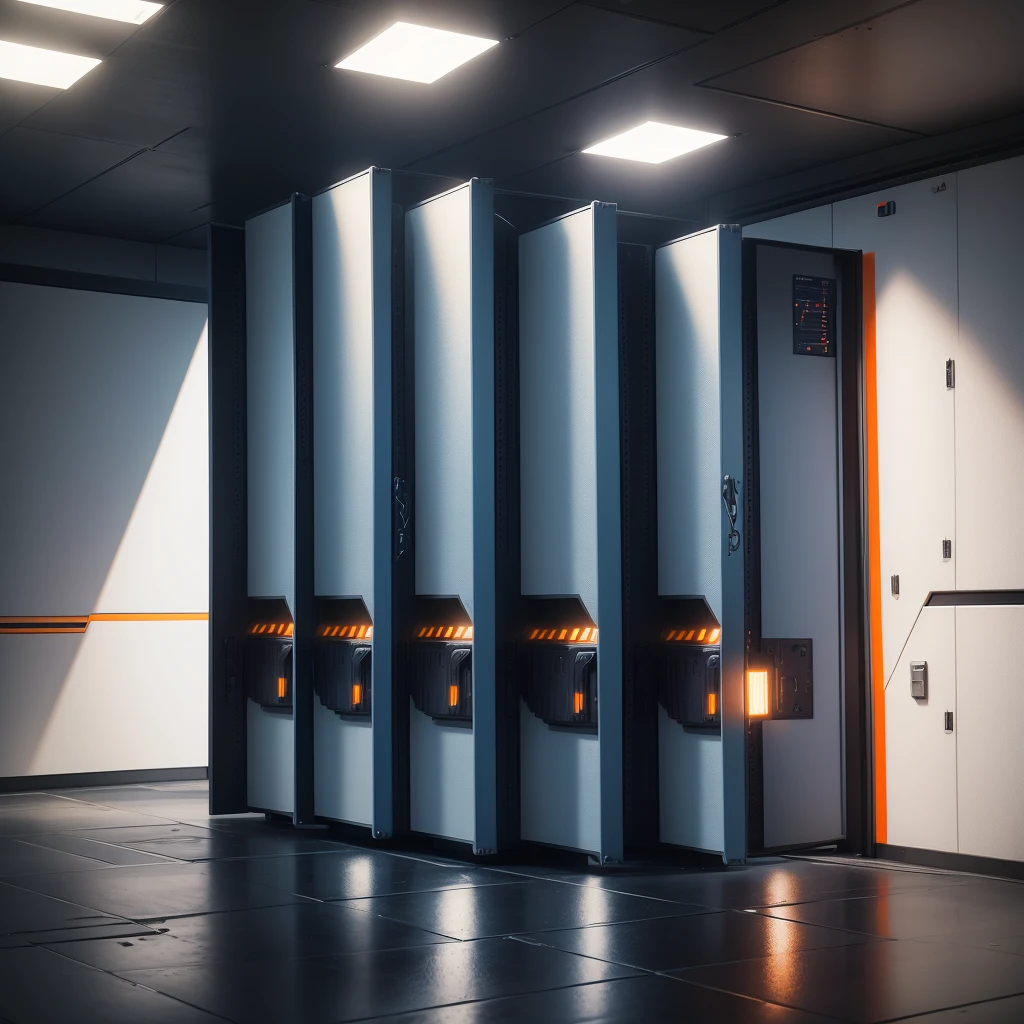 the call of duty armory is a dark room with white lights and not windows, there are weapon cases, military boxes in blue color, military boxes in orange color, no people,