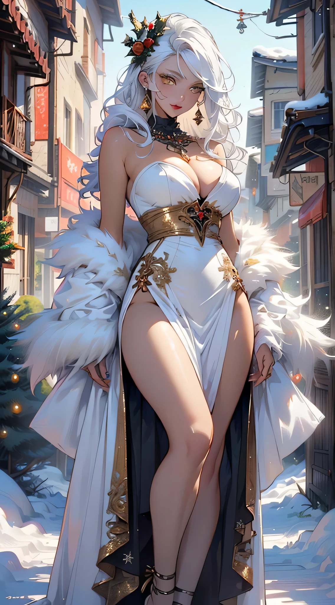 woman,1 woman,((IFOM,Mother,mature,mature woman,45 years, woman,adult)),(big breasts:1.5),sagging breasts,(((White hair:1.4,straight hair,long hair:1.4,dyed inner hair))),((yellow_eyes:1.3)),difficult eyes,beautiful detailed eyes,symmetrical eyes,((((dark skin:1.4,shiny skin:1.5,bright skin: 1.5,tanned skin,shiny skin,very shiny skin,shiny body,illuminated skin)))),(lower abdomen of a spider,slim waist,wide hip,Bimbo's Body,pumped up legs,thick thighs,delicately detailed fingers),(((detailed face))),
Cute,promiscuous,sensual,seductive look,seductive,((erotic)),rich,luxurious,with longing,((nsfv)),
queen,goddess,fantasy,(beautiful winter Silver garments,silver silk),((strapless Red dress,very long red skirt,Red dress)),(Silver garments),(((ice decorations,difficult necklace,Christmas decorations,detailed outfit))),split,silver silk,((eyeshadow,elegant makeup,Eyelid make-up,Golden Lips,Golden Lipstick)),((Transparent fabric:1.1)), (((Sexy white fur coat, white fur coat outfit, wear a white fur coat:1.3,winter white coat))),red gloves,(((difficult outfit,difficult clothes,Embroidered outfit,ornate outfit,Embroidered garments,ornate clothing))),
(dynamic pose:1.0),embarrassed,(centered,scale to size,Rule of thirds),
((snowy pine forest)),winter,landscape:1.25,((difficult landscape)),((snow forest background)),Christmas tree,
(Glossy winter ornaments),A high resolution,sharp focus,(ultra detailed,extremely detailed),(photorealistic work:1.37),(extremely detailed CG unity 8k wallpaper),(((bright colors,bright theme))),(difficult),(masterpiece),(Best quality),