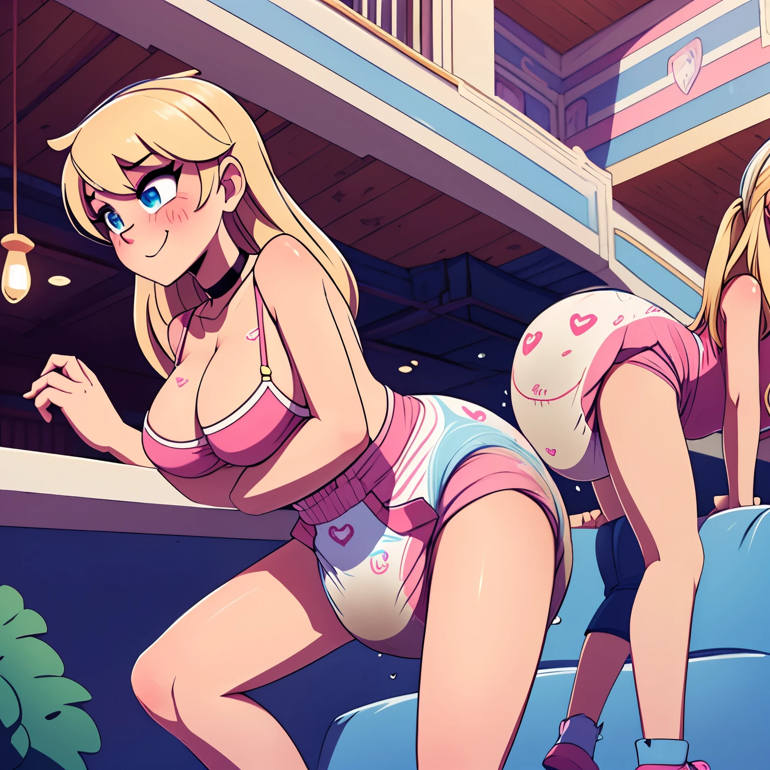 Sexy blonde sorority girl, woman, sexy makeup, long hair, human, light skin, curvy, black choker, large breasts, huge breasts, wearing a diaper, adult diaper, plain white diaper, thick diaper, bulky diaper, bulbous diaper, naughty smile, (at a sorority house party), surrounded by giggling girls, college age buildings seen out the balcony, latex, blue eyes, embarrassed, heart emojis