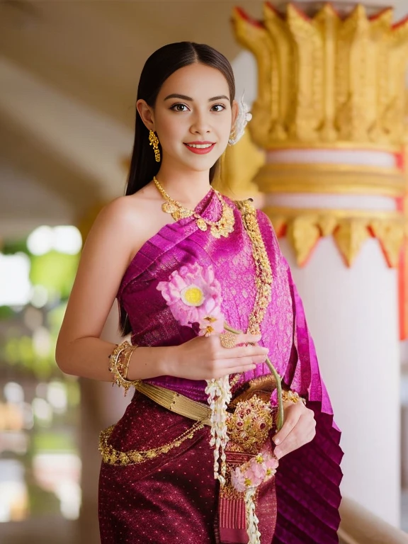 Aarav woman in purple dress holds a wallet and necklace, Sukhothai set, traditional beauty, According to Thawan Duchanee's style, Niwan Chandra, traditional dress, traditional, Covered with purple and gold silk., Southeast Asia that has existed for a long time, traditional clothes, wearing traditional garb, Wear elegant clothes, traditional tai costume